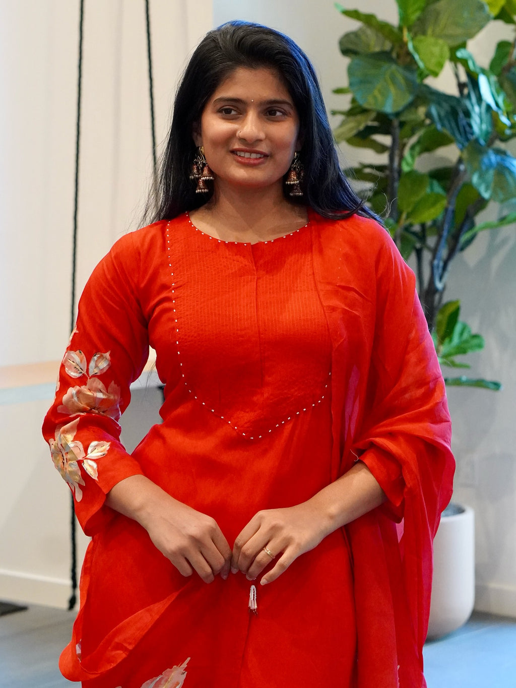 Red Silk Embroidered Kurta Set