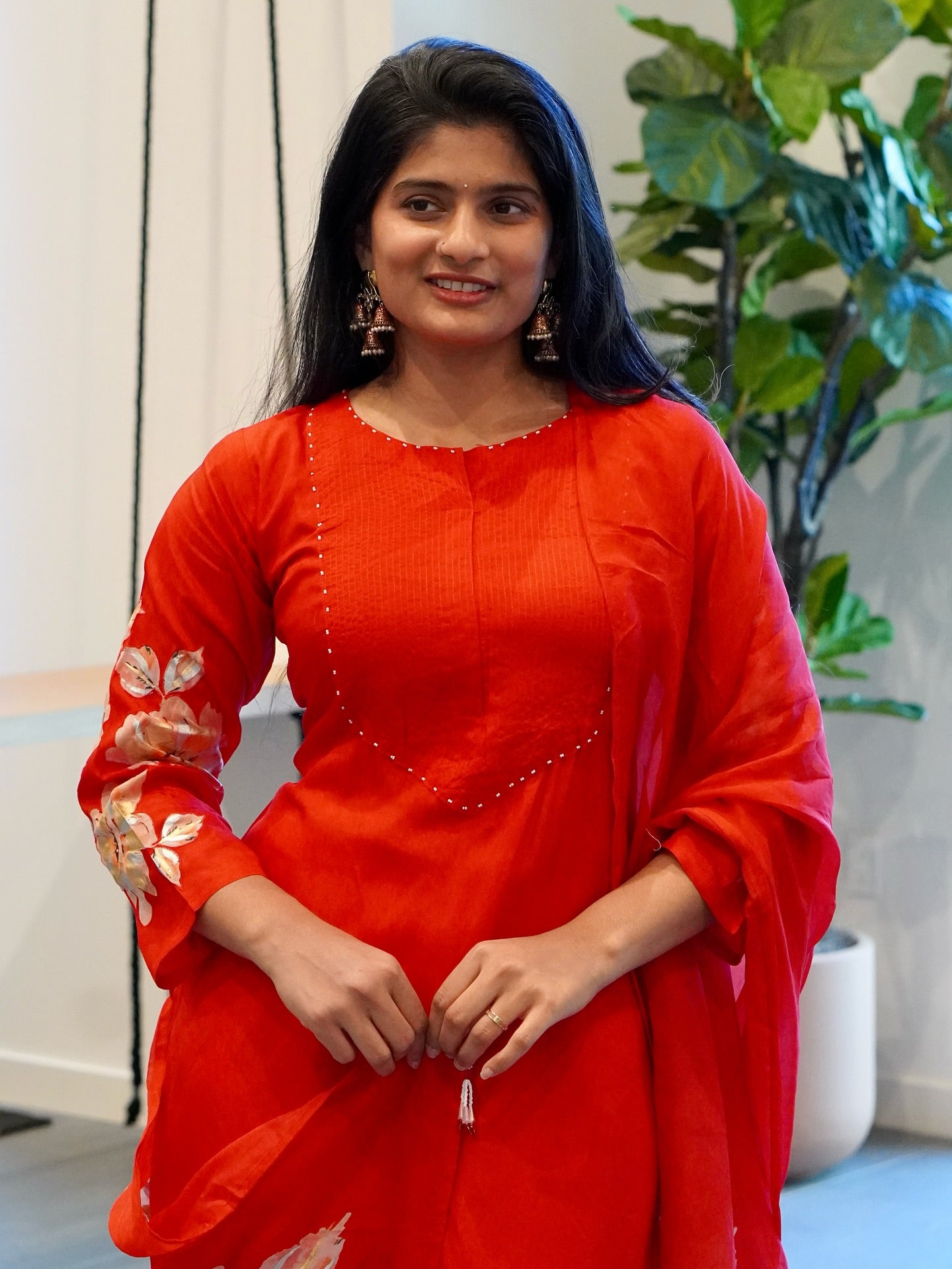 Red Silk Embroidered Kurta Set