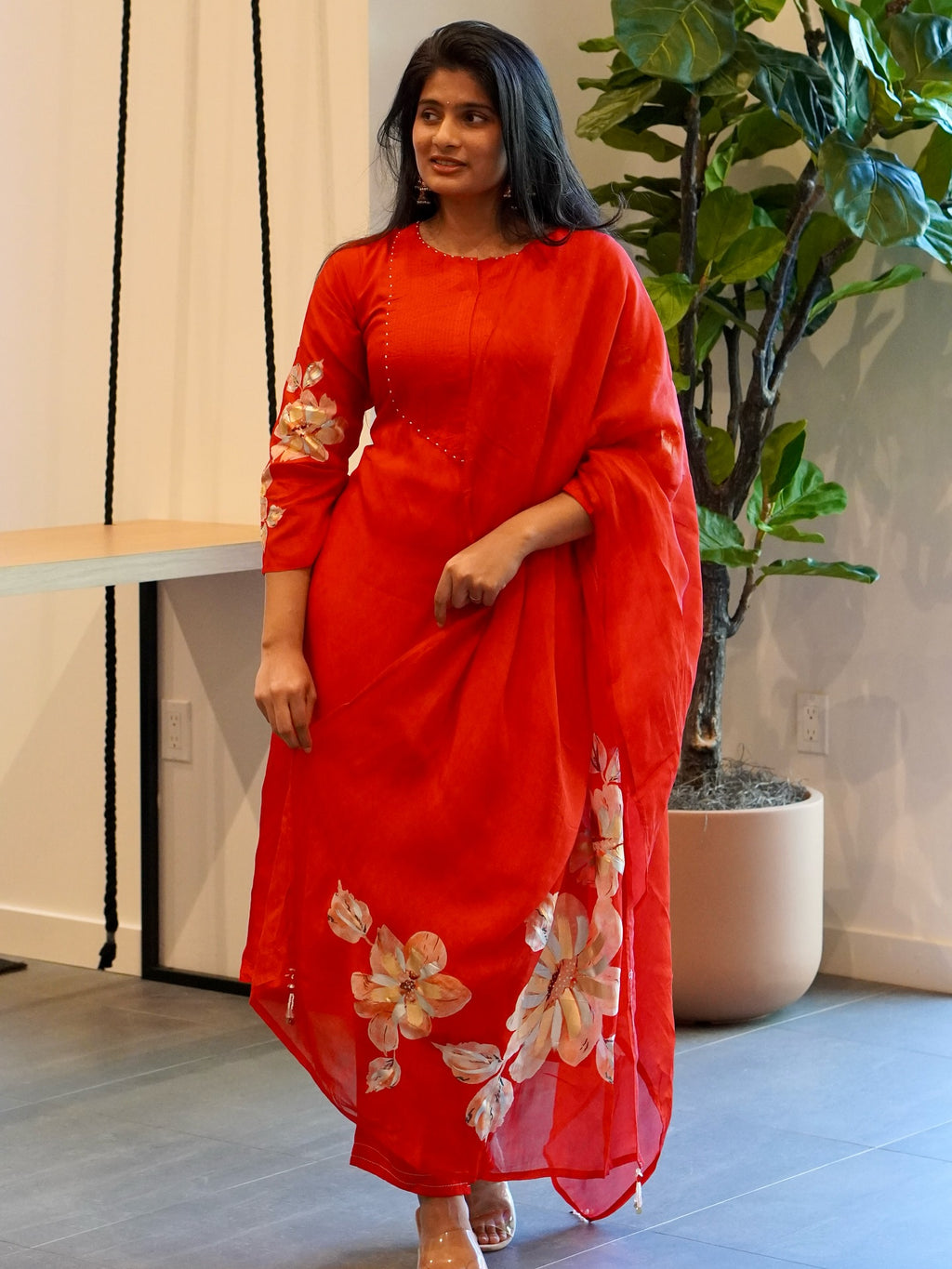 Red Silk Embroidered Kurta Set