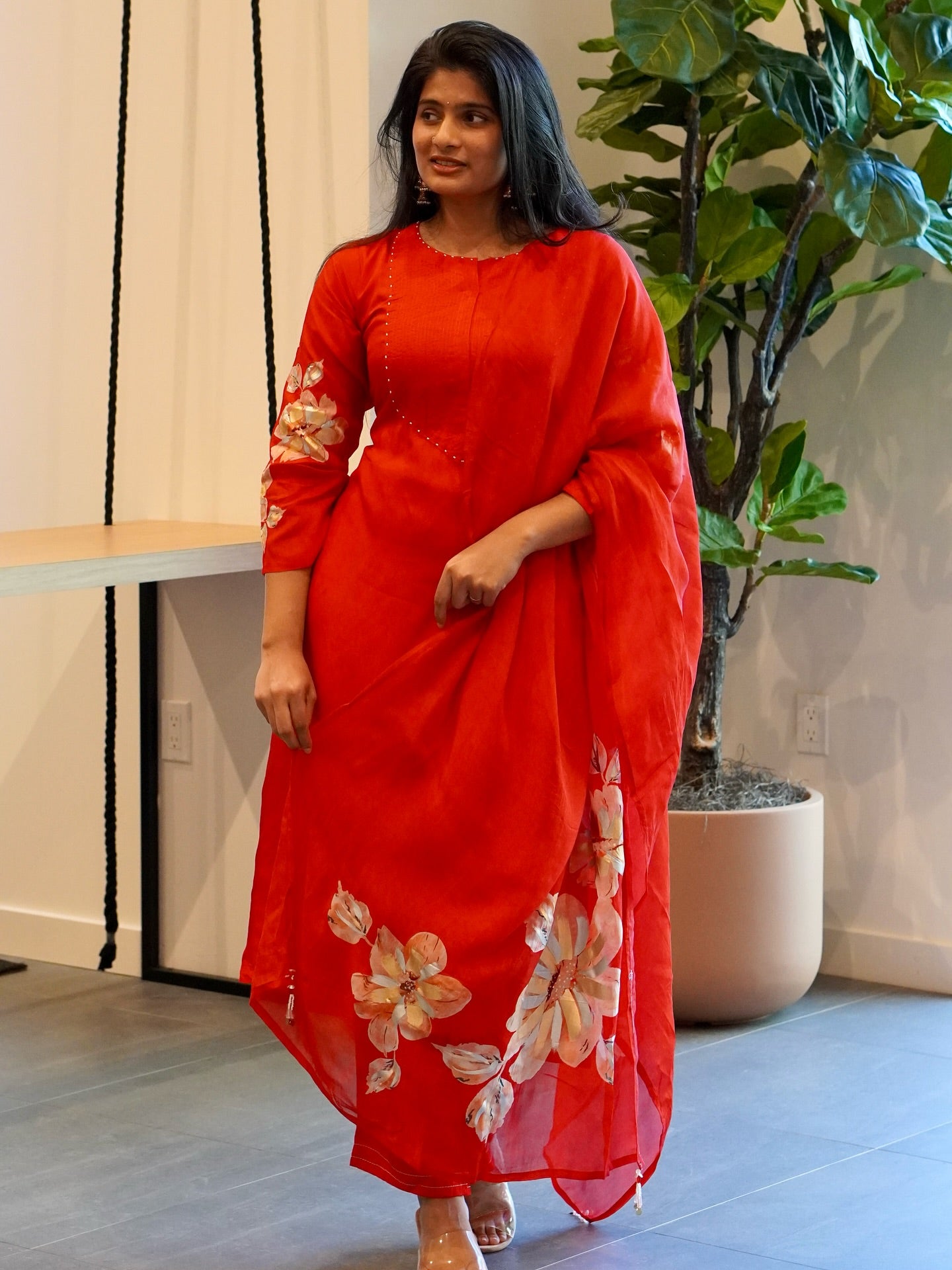 Red Silk Embroidered Kurta Set