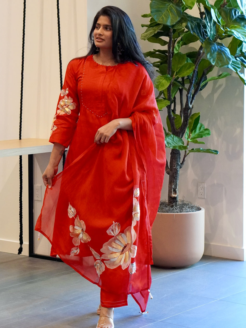 Red Silk Embroidered Kurta Set