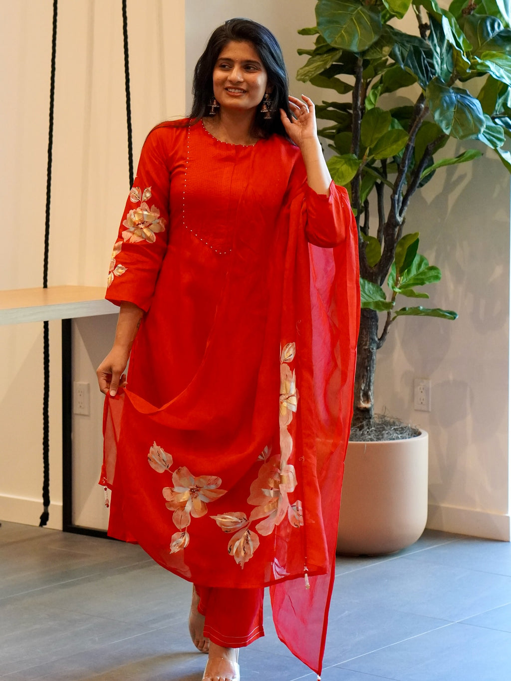 Red Silk Embroidered Kurta Set