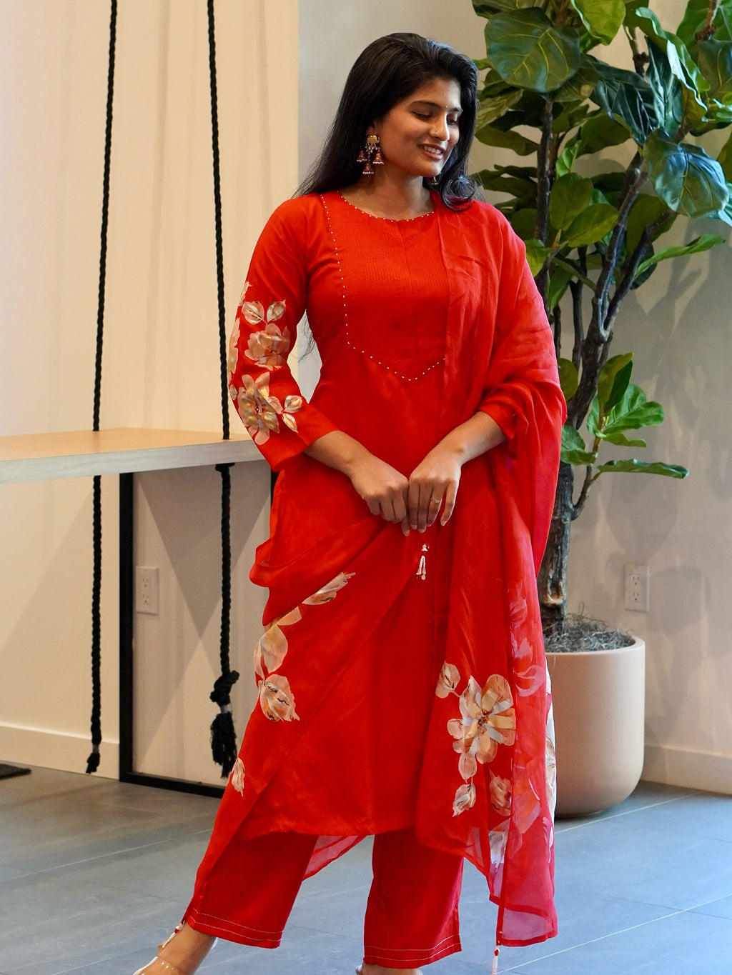 Red Silk Embroidered Kurta Set