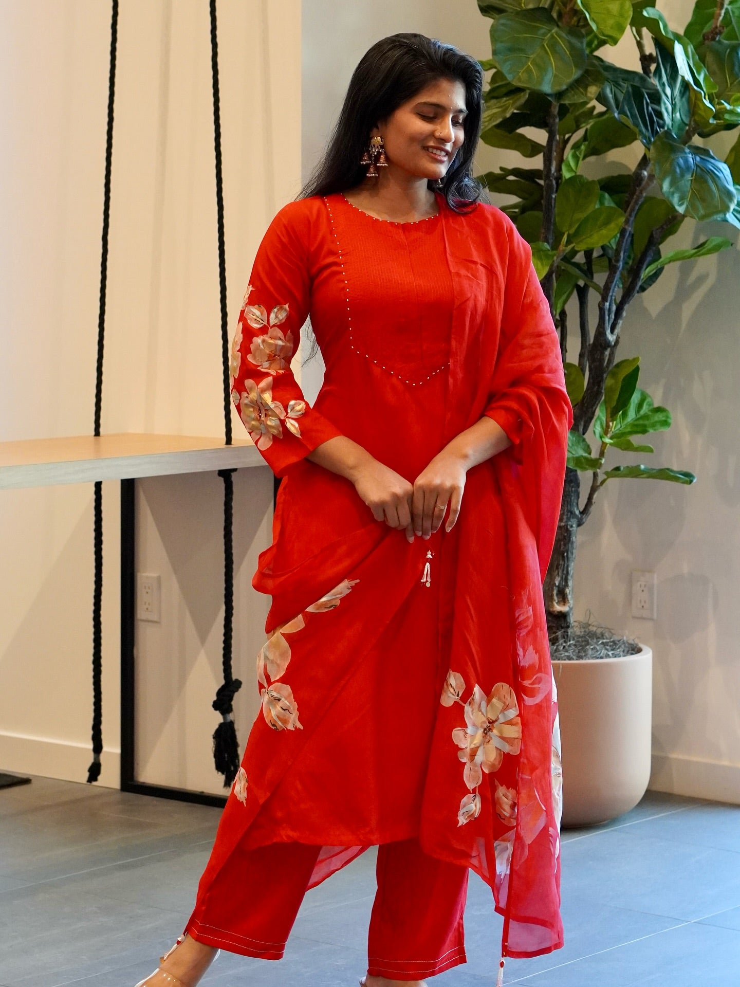 Red Silk Embroidered Kurta Set