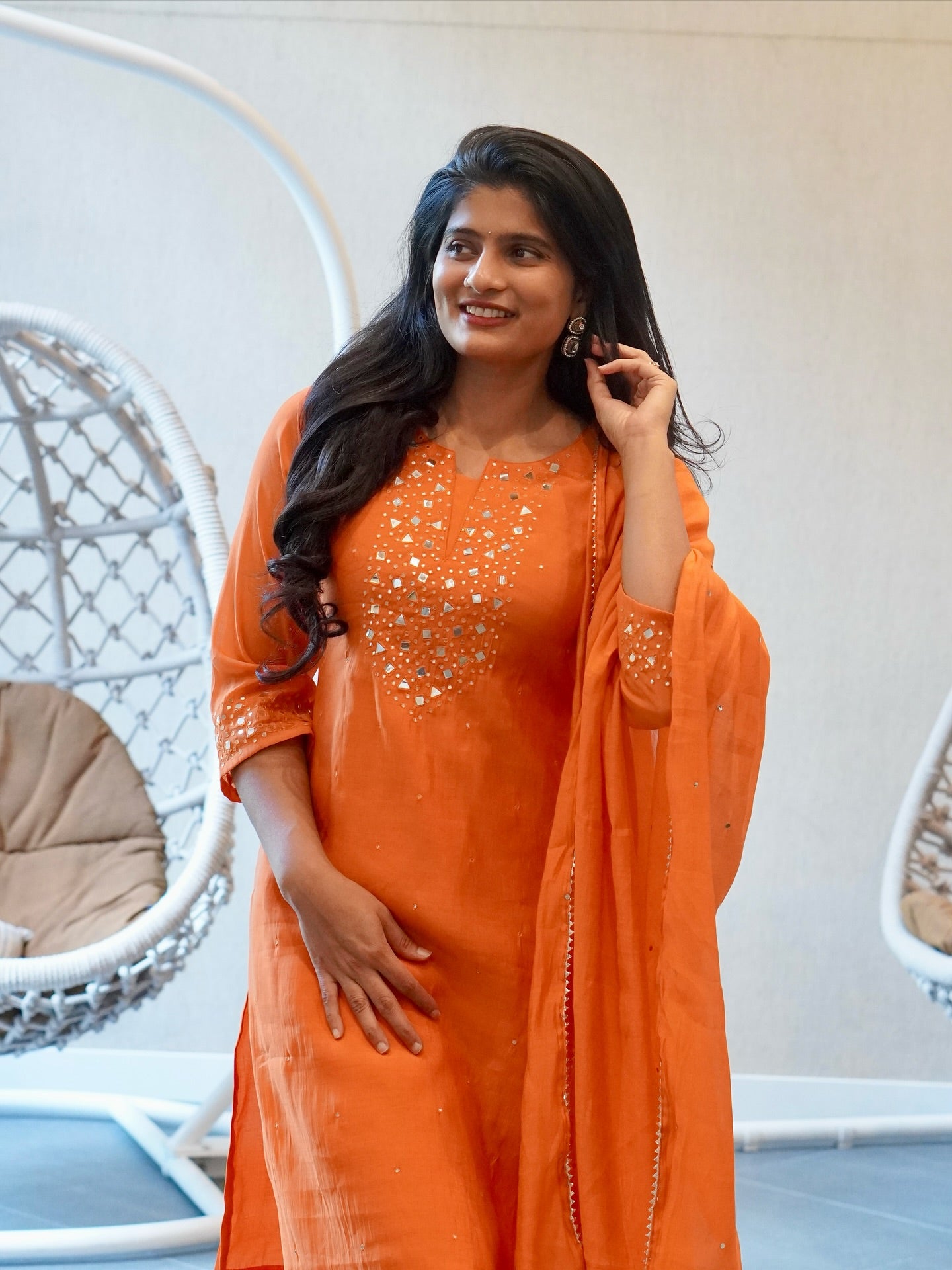 Orange  Embroidered Kurta Set
