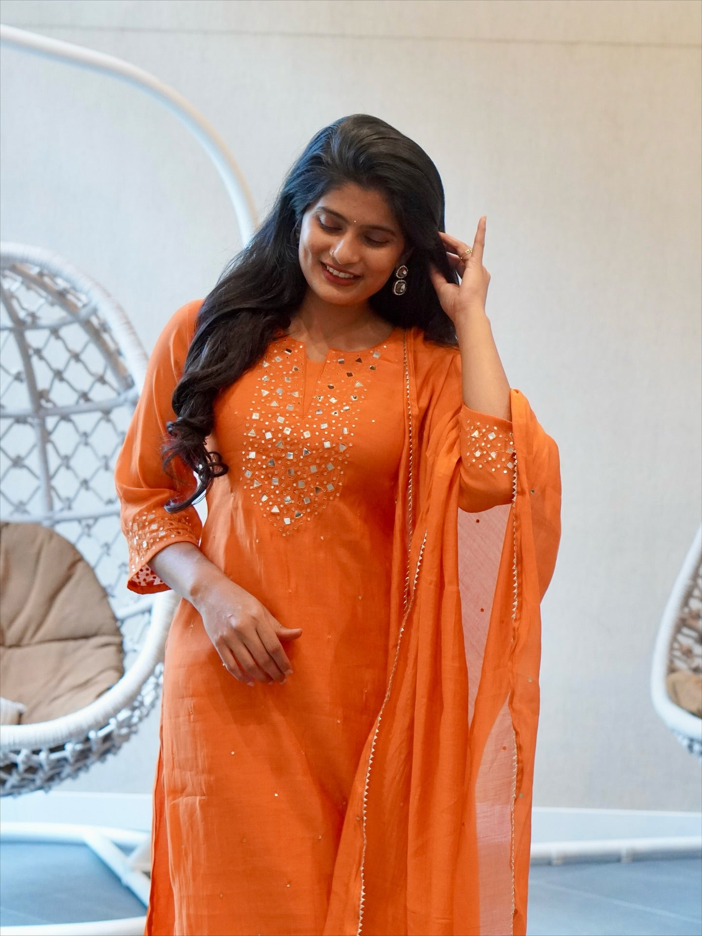 Orange  Embroidered Kurta Set
