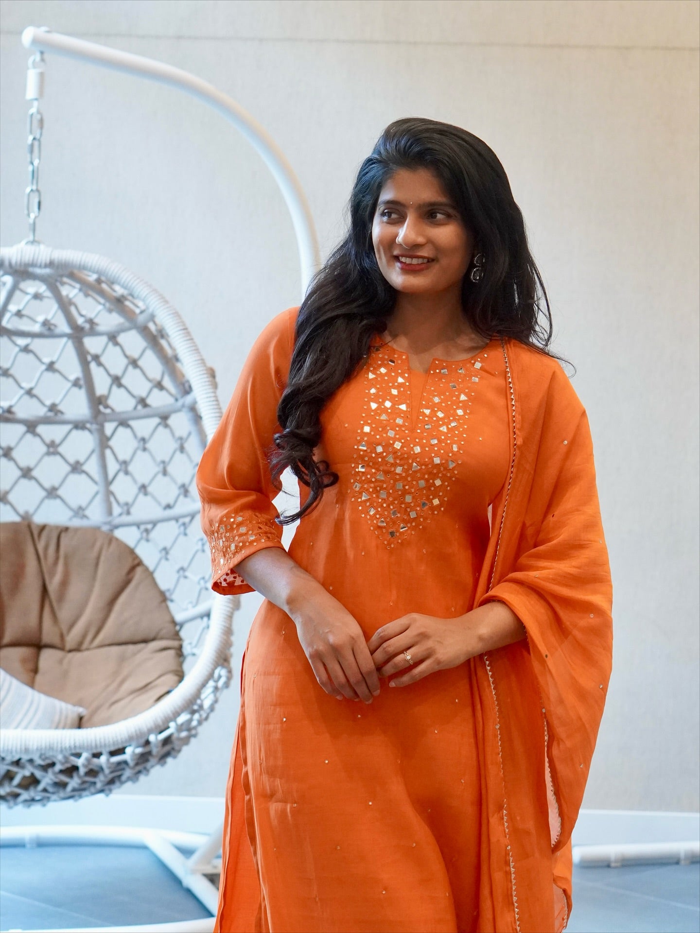 Orange  Embroidered Kurta Set
