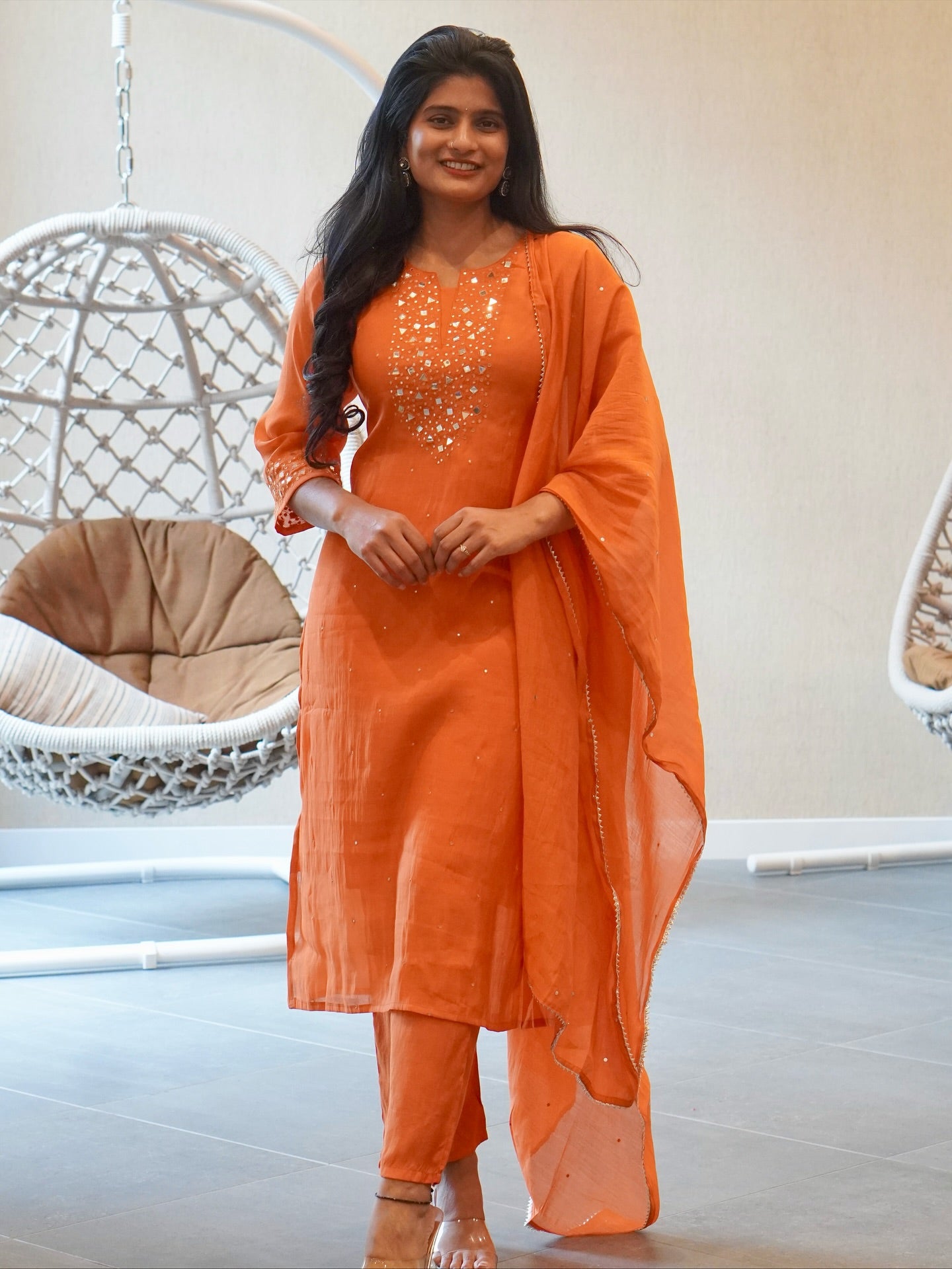 Orange  Embroidered Kurta Set