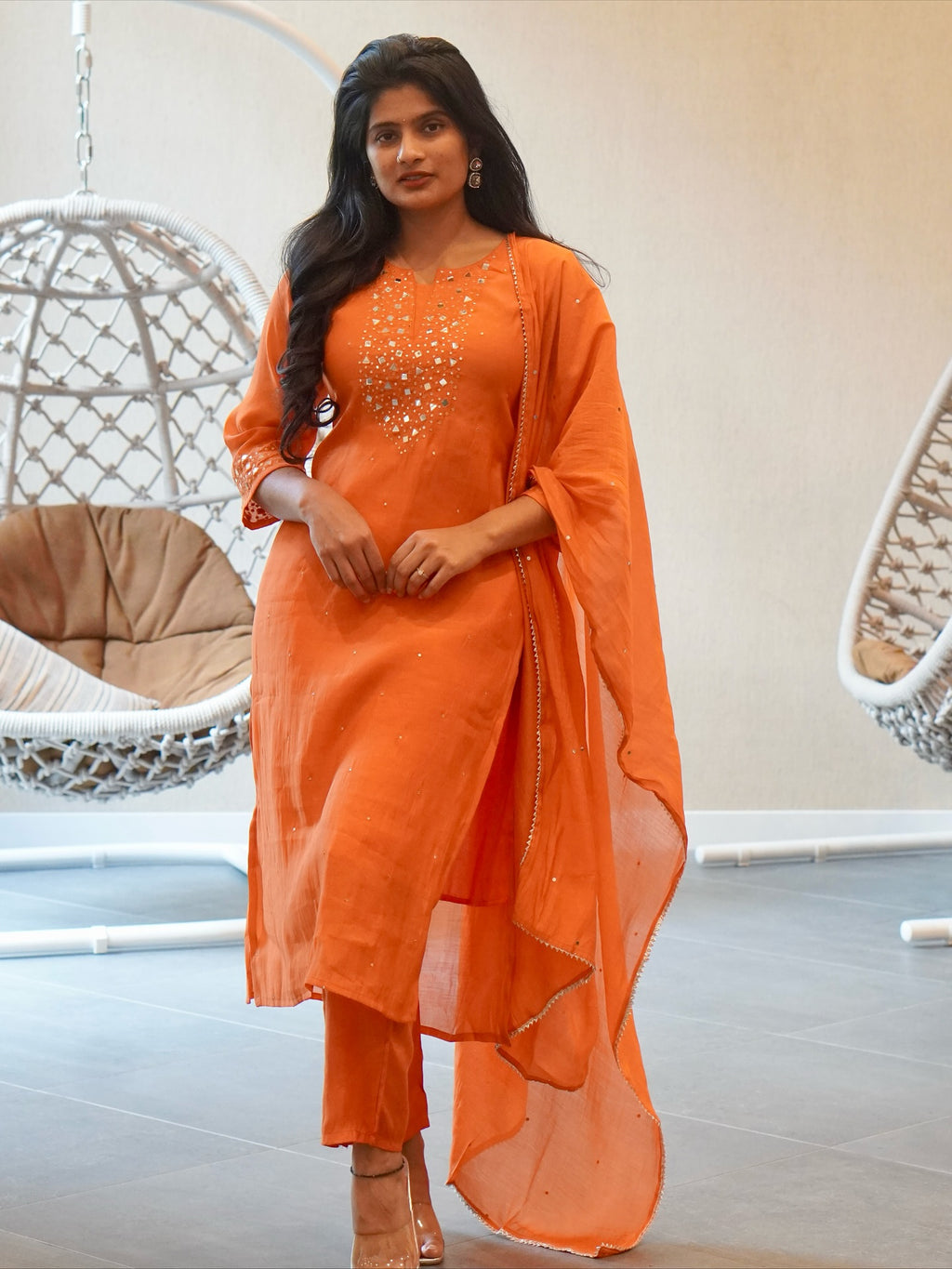Orange  Embroidered Kurta Set