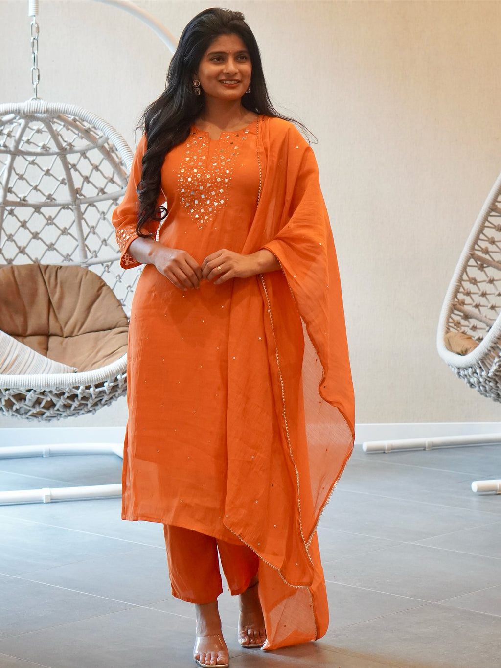 Orange  Embroidered Kurta Set