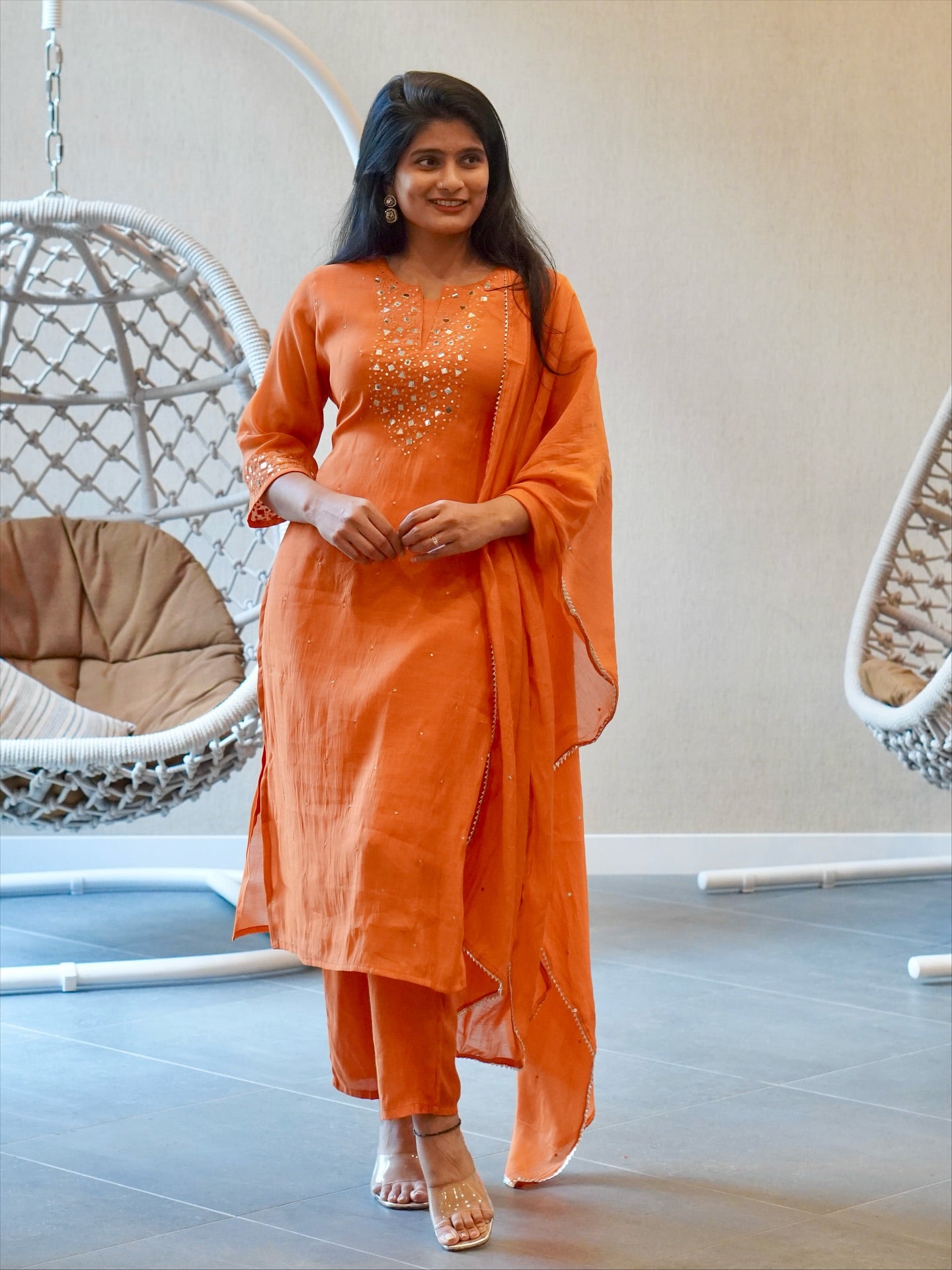 Orange  Embroidered Kurta Set