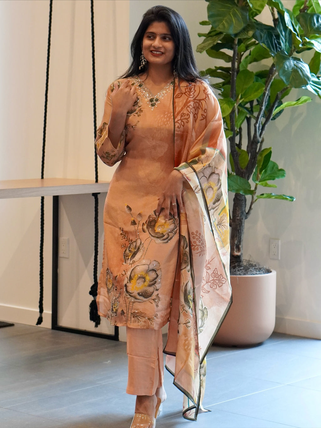 Peach Viscose Tissue Kurta Set