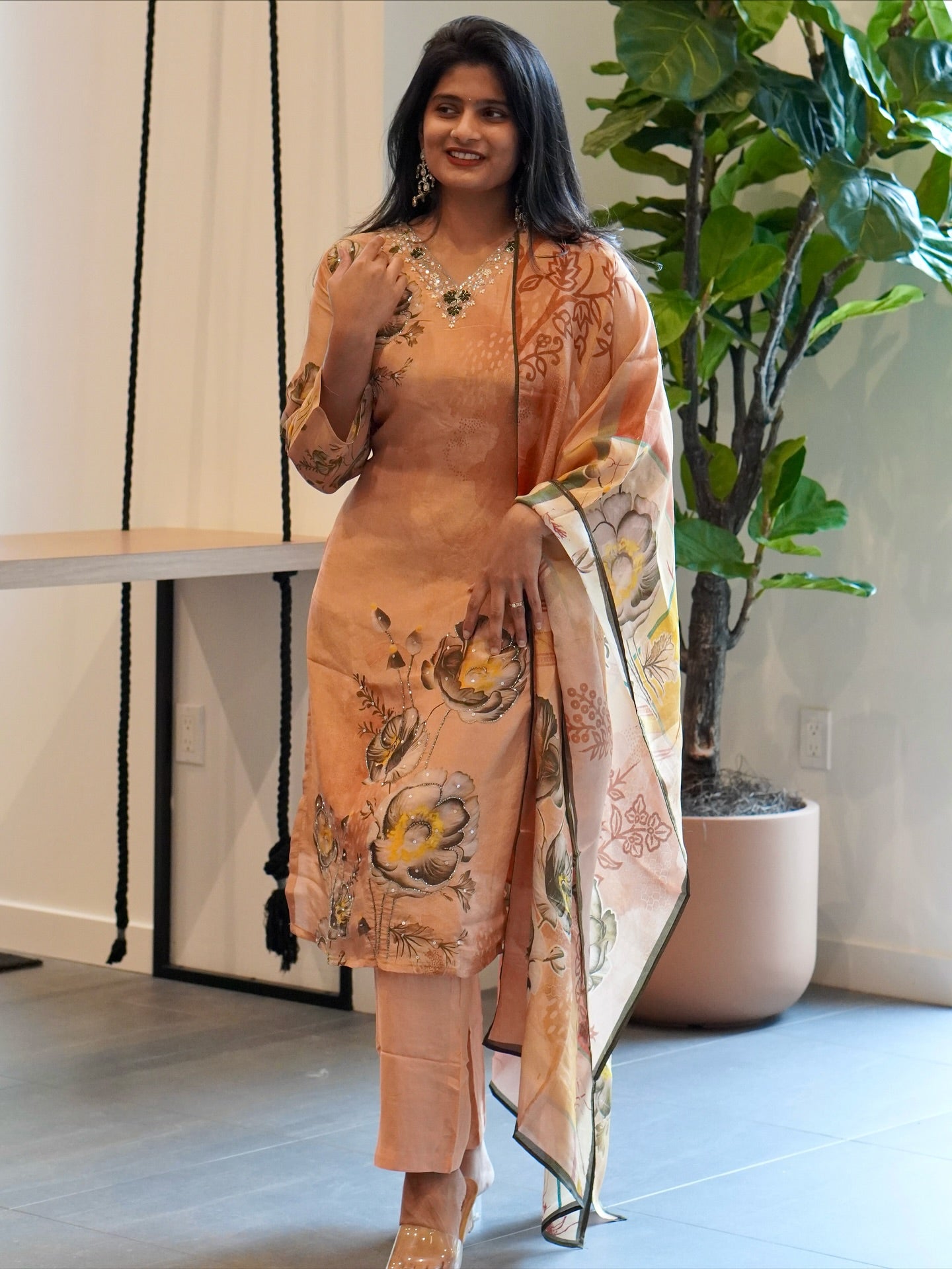 Peach Viscose Tissue Kurta Set