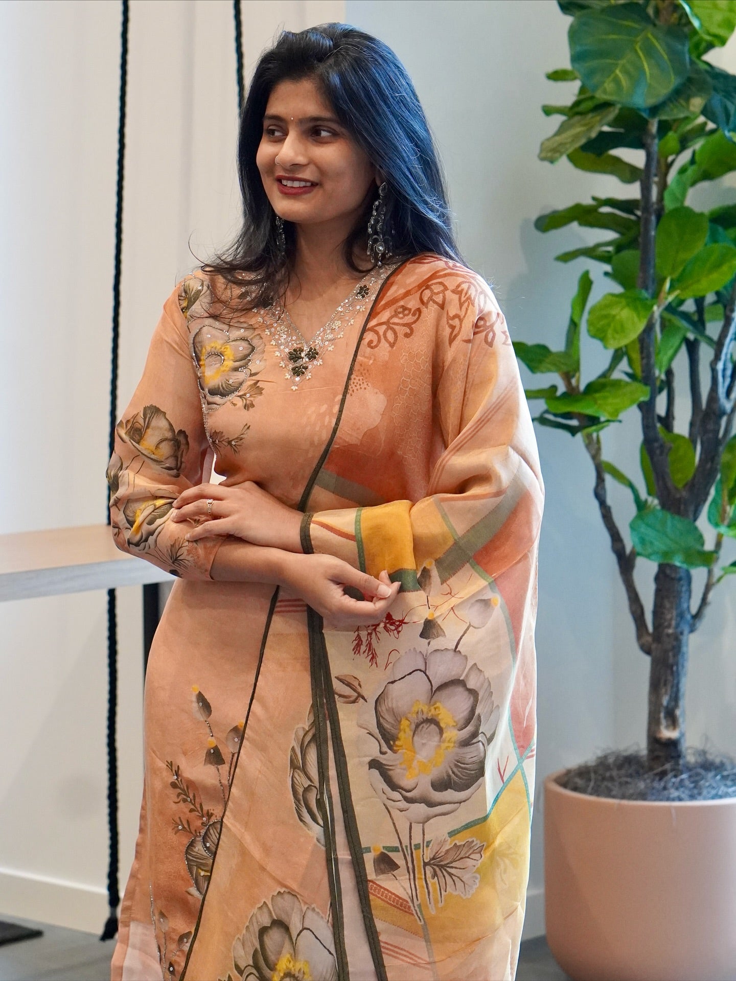 Peach Viscose Tissue Kurta Set