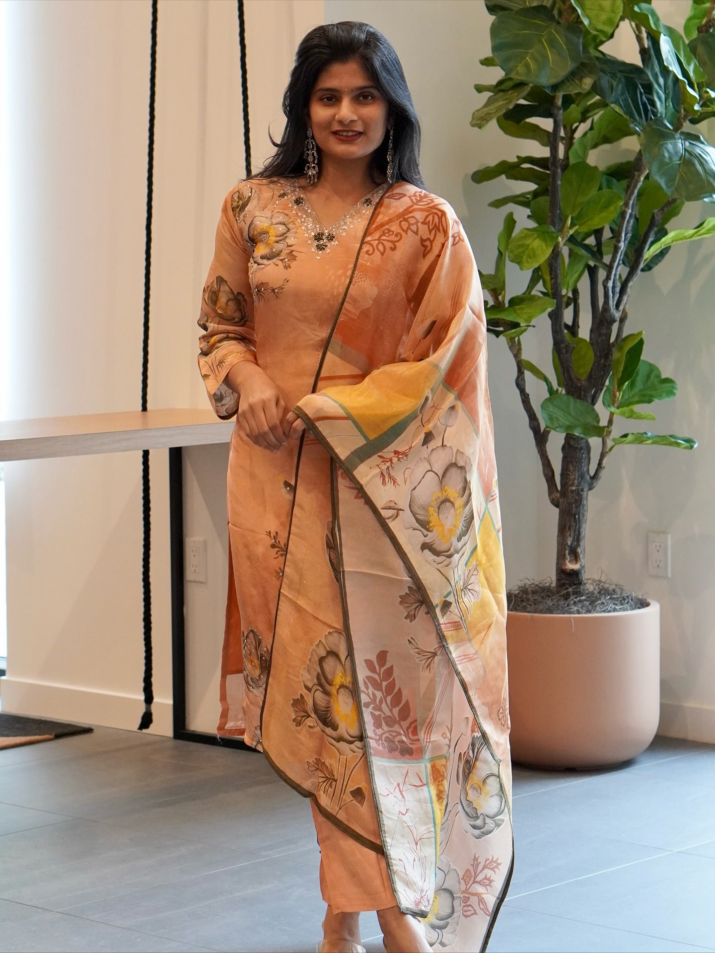 Peach Viscose Tissue Kurta Set