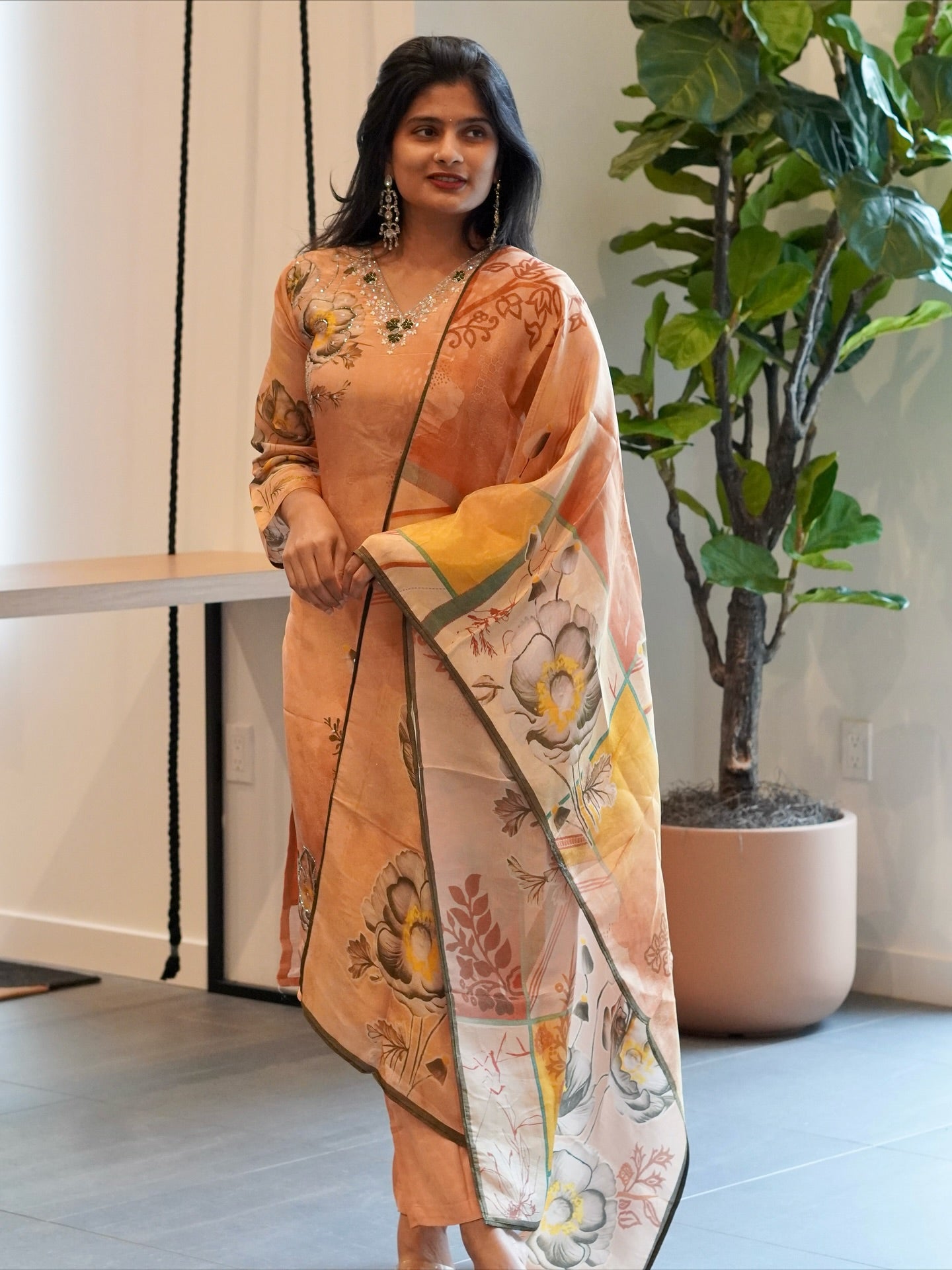 Peach Viscose Tissue Kurta Set