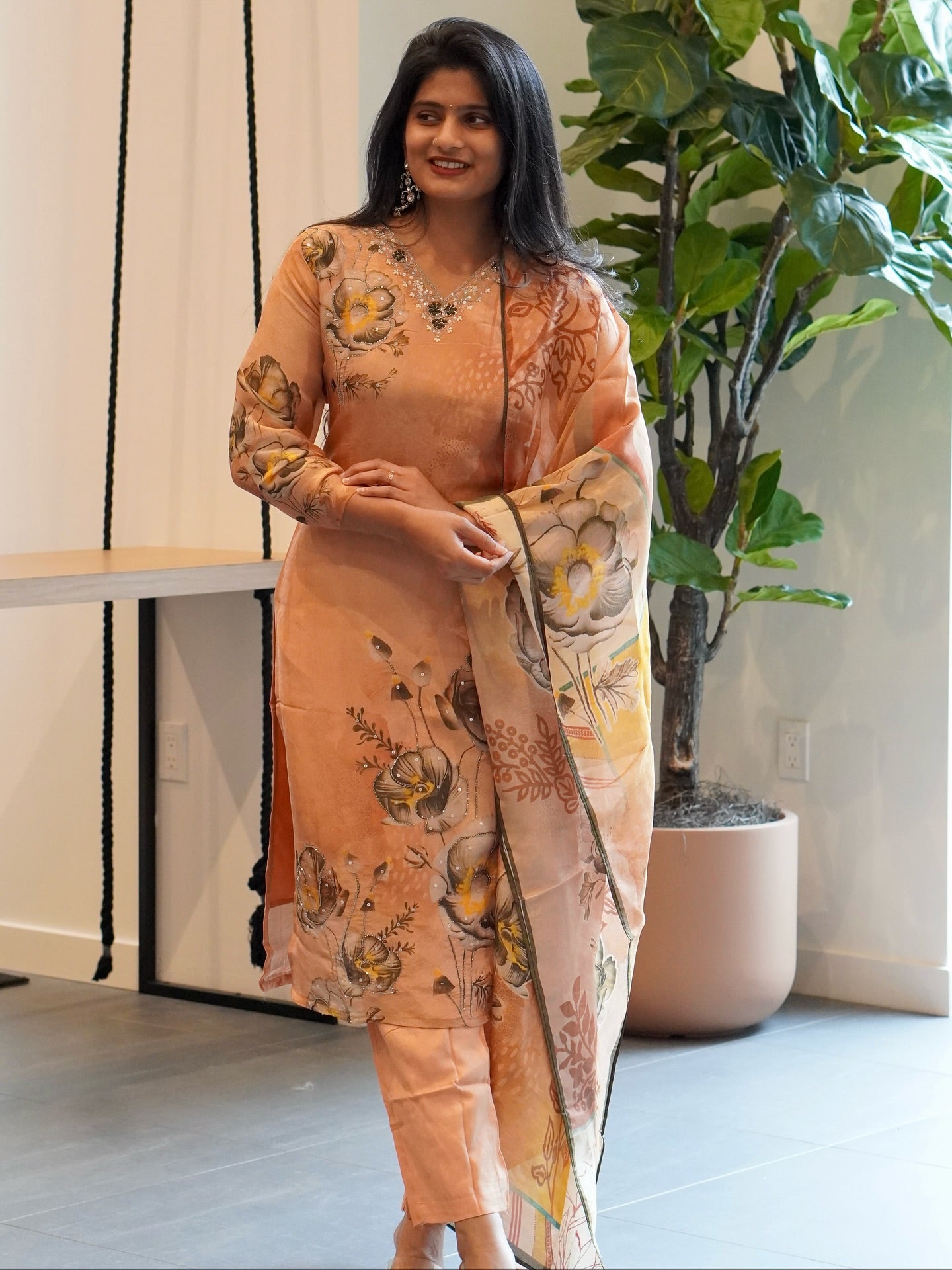 Peach Viscose Tissue Kurta Set
