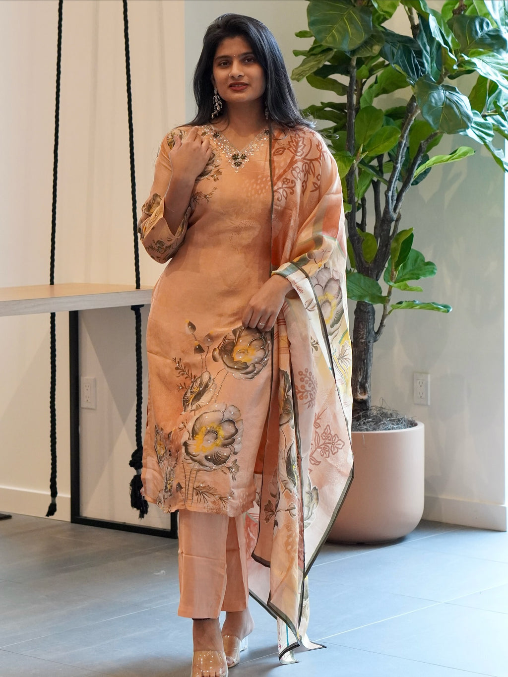 Peach Viscose Tissue Kurta Set