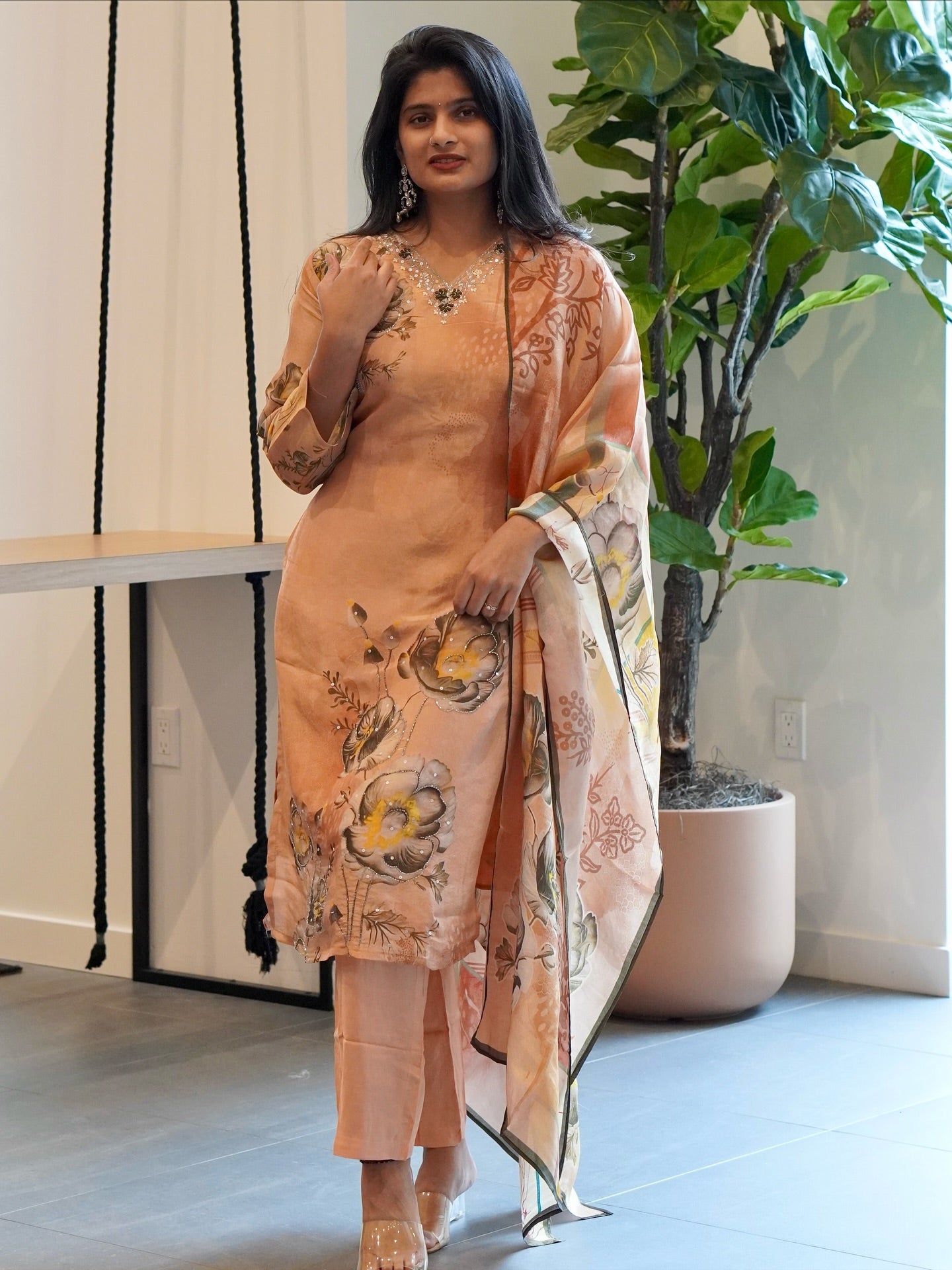 Peach Viscose Tissue Kurta Set