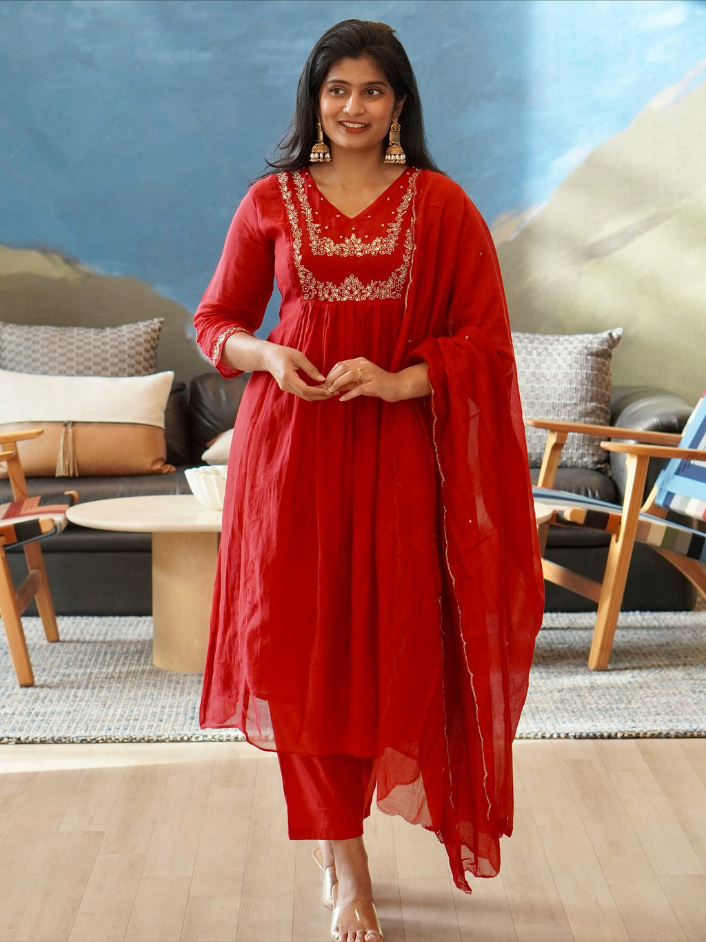 Red Embroidered Kurta Set
