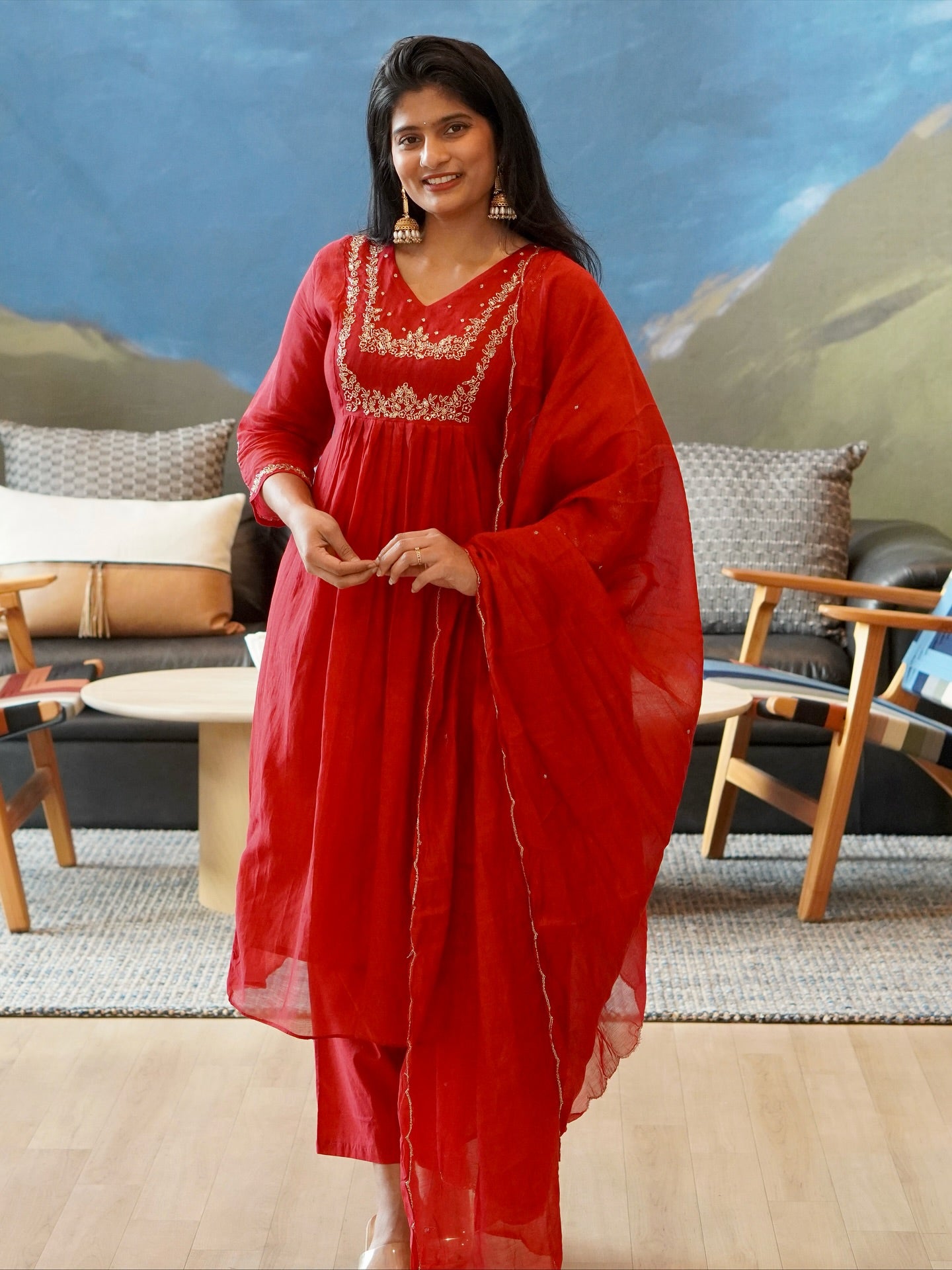 Red Embroidered Kurta Set
