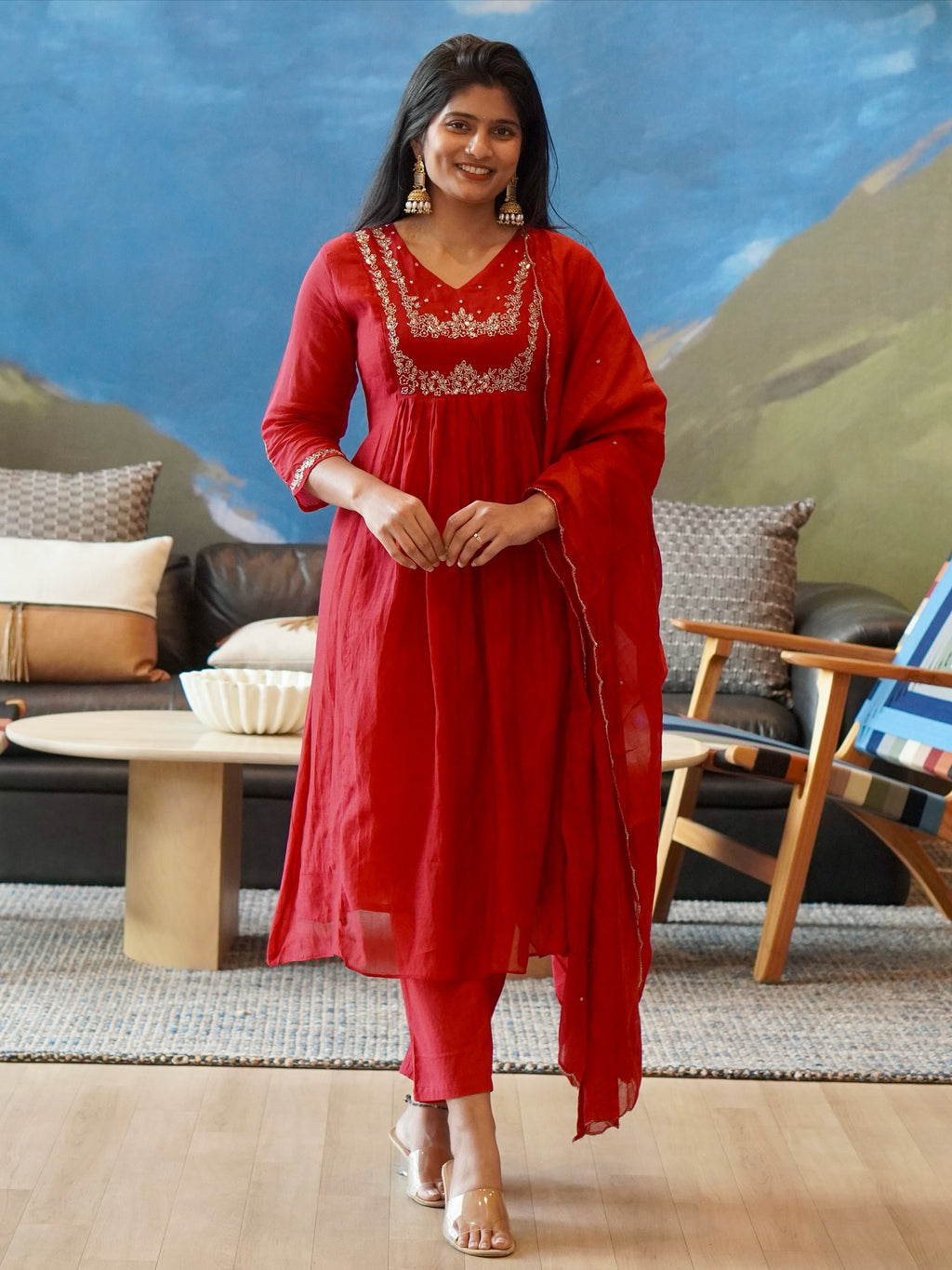 Red Embroidered Kurta Set