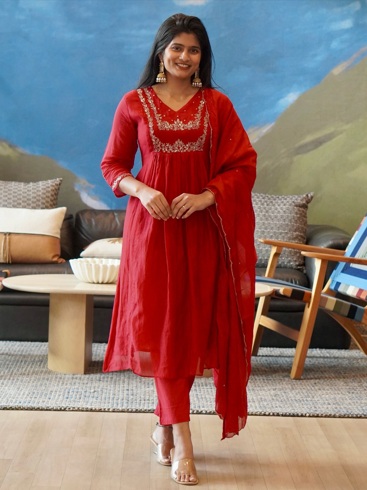 Red Embroidered Kurta Set