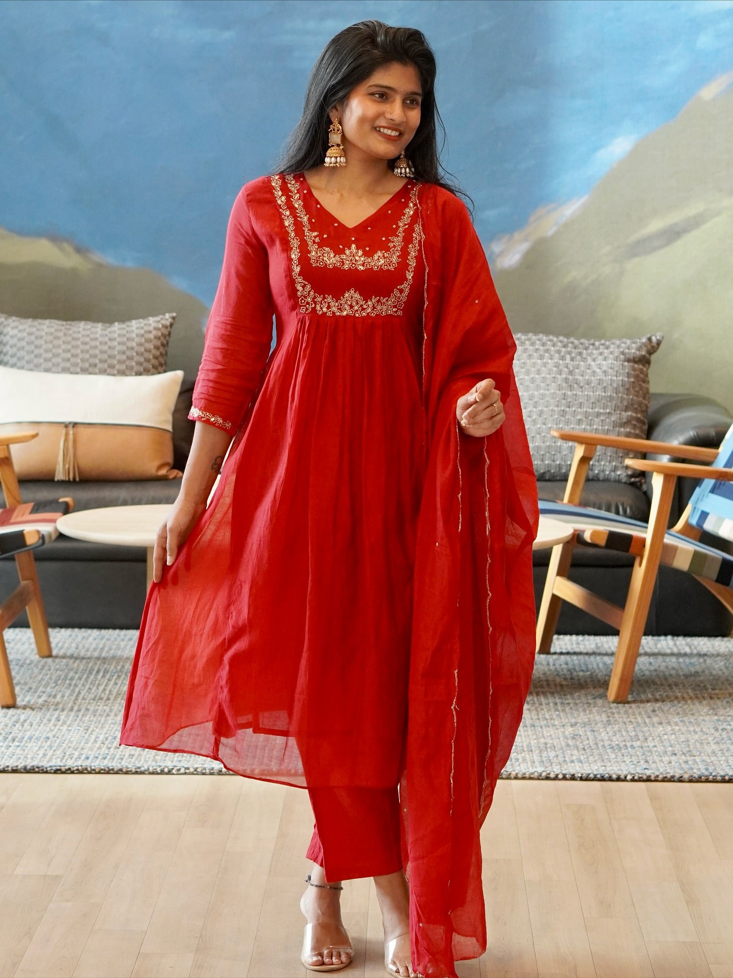Red Embroidered Kurta Set