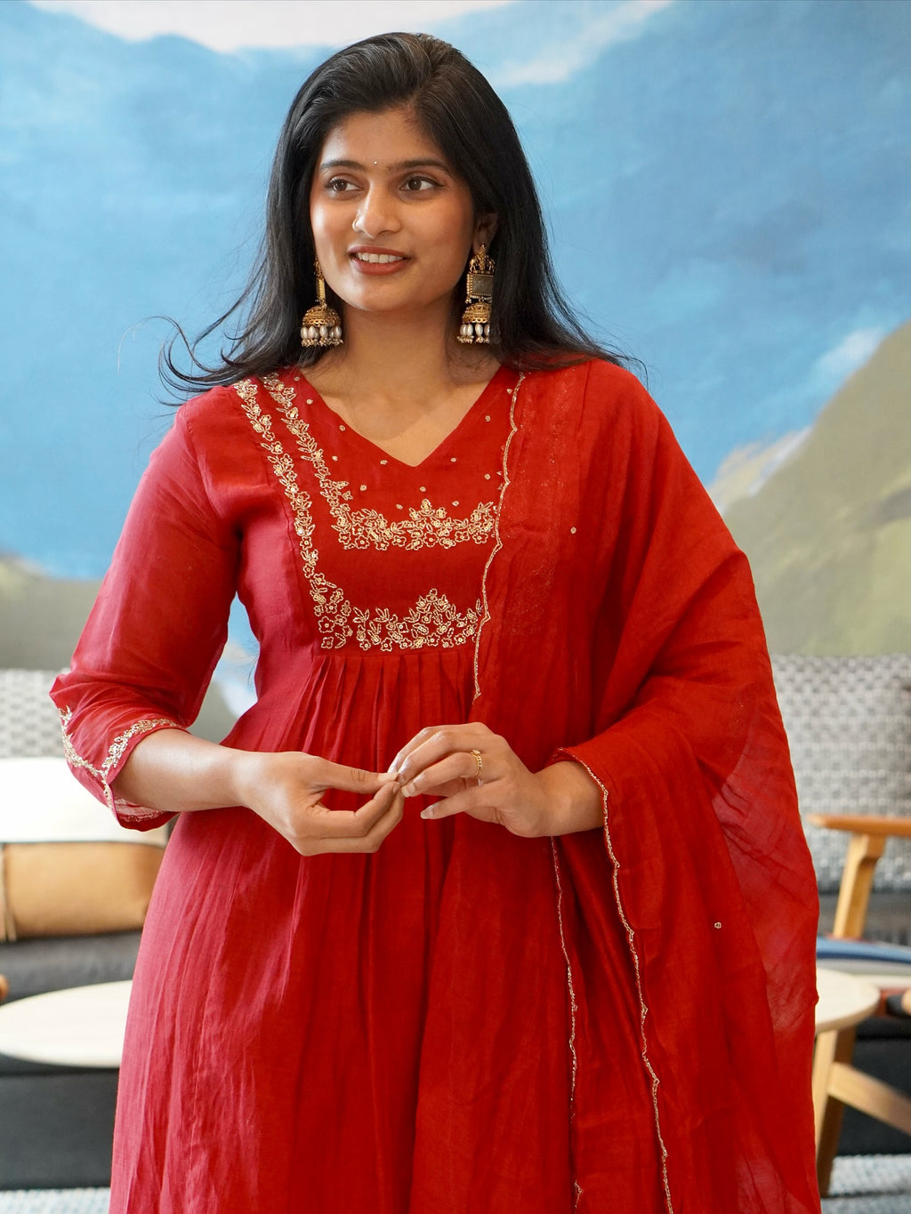 Red Embroidered Kurta Set