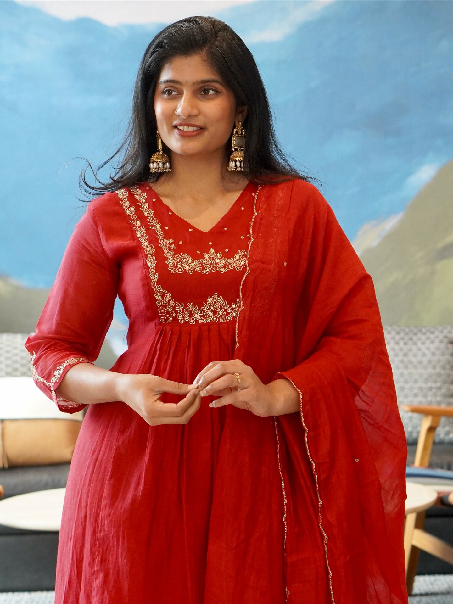 Red Embroidered Kurta Set