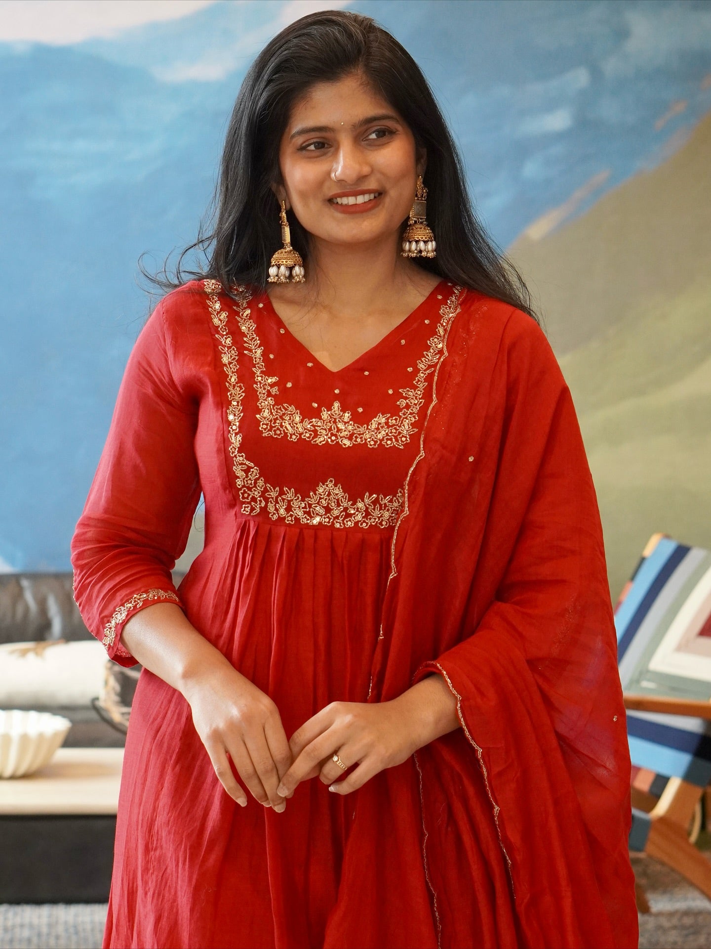 Red Embroidered Kurta Set