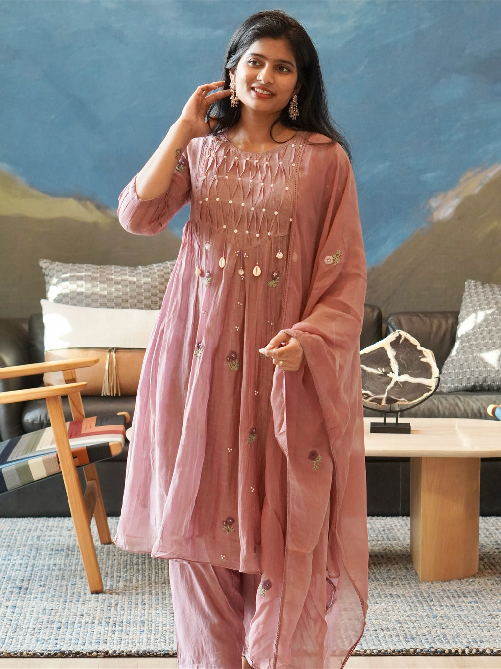 Dusty Rose/Moss Green/Powder Blue Kurta Set