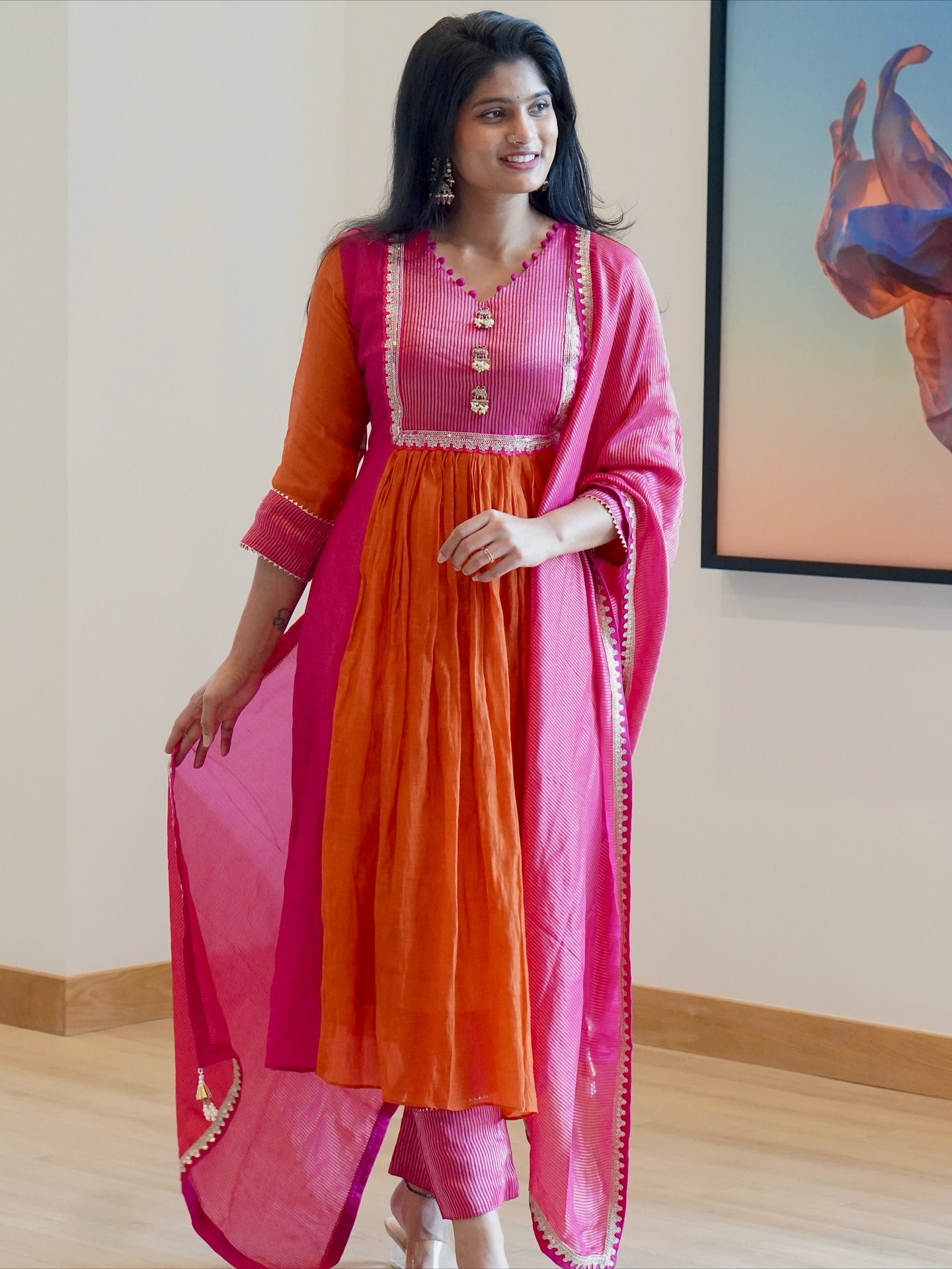 Rust Orange and Pink Embroidered Kurta Set