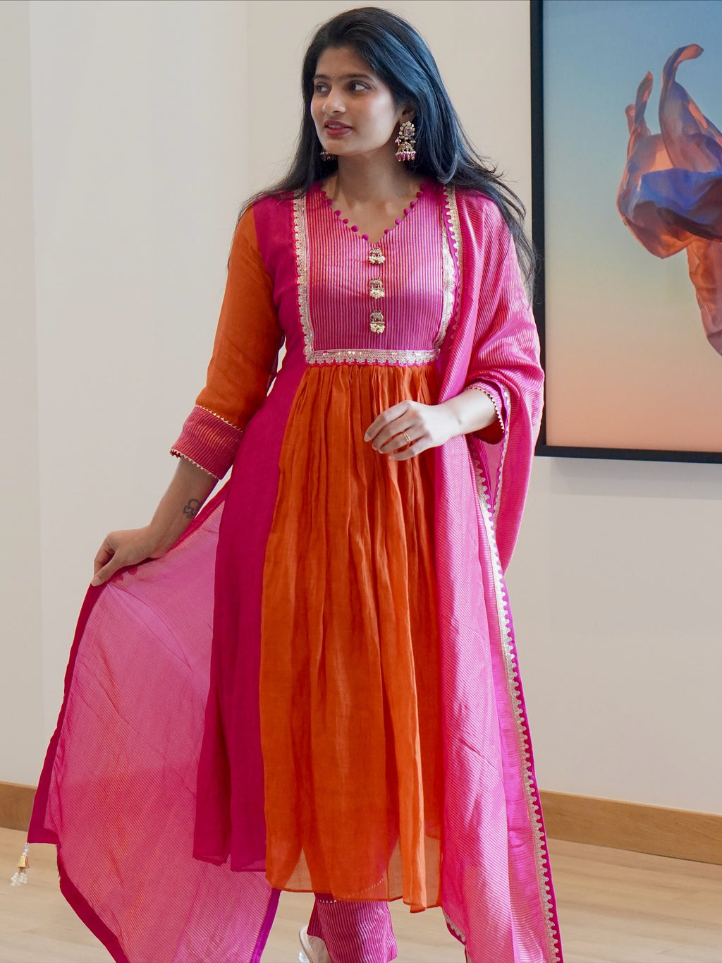 Rust Orange and Pink Embroidered Kurta Set