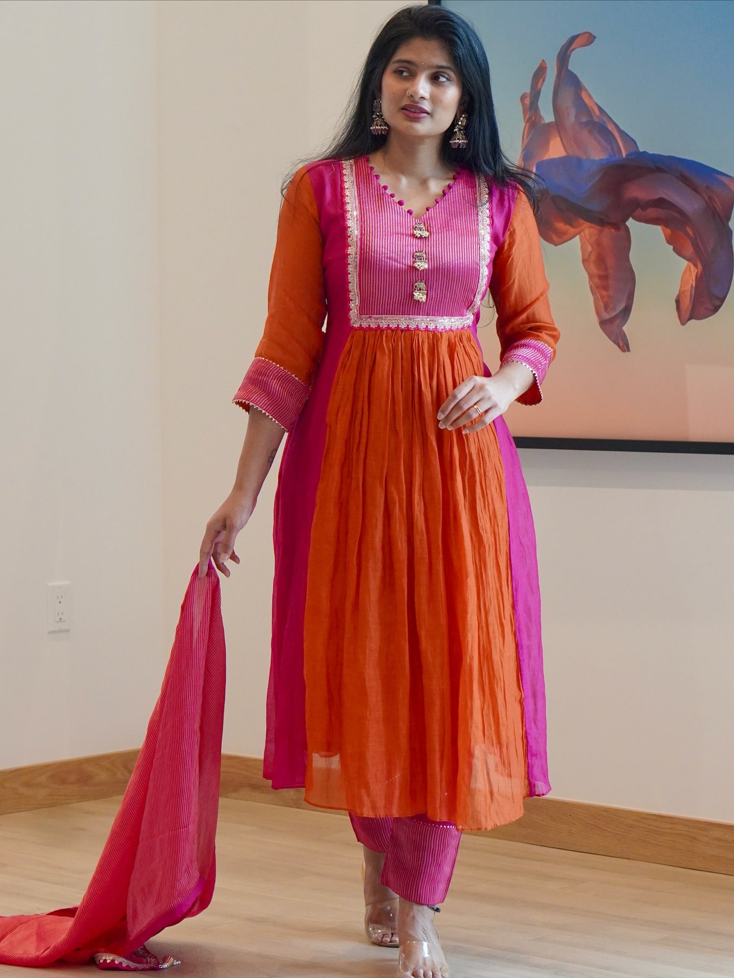 Rust Orange and Pink Embroidered Kurta Set