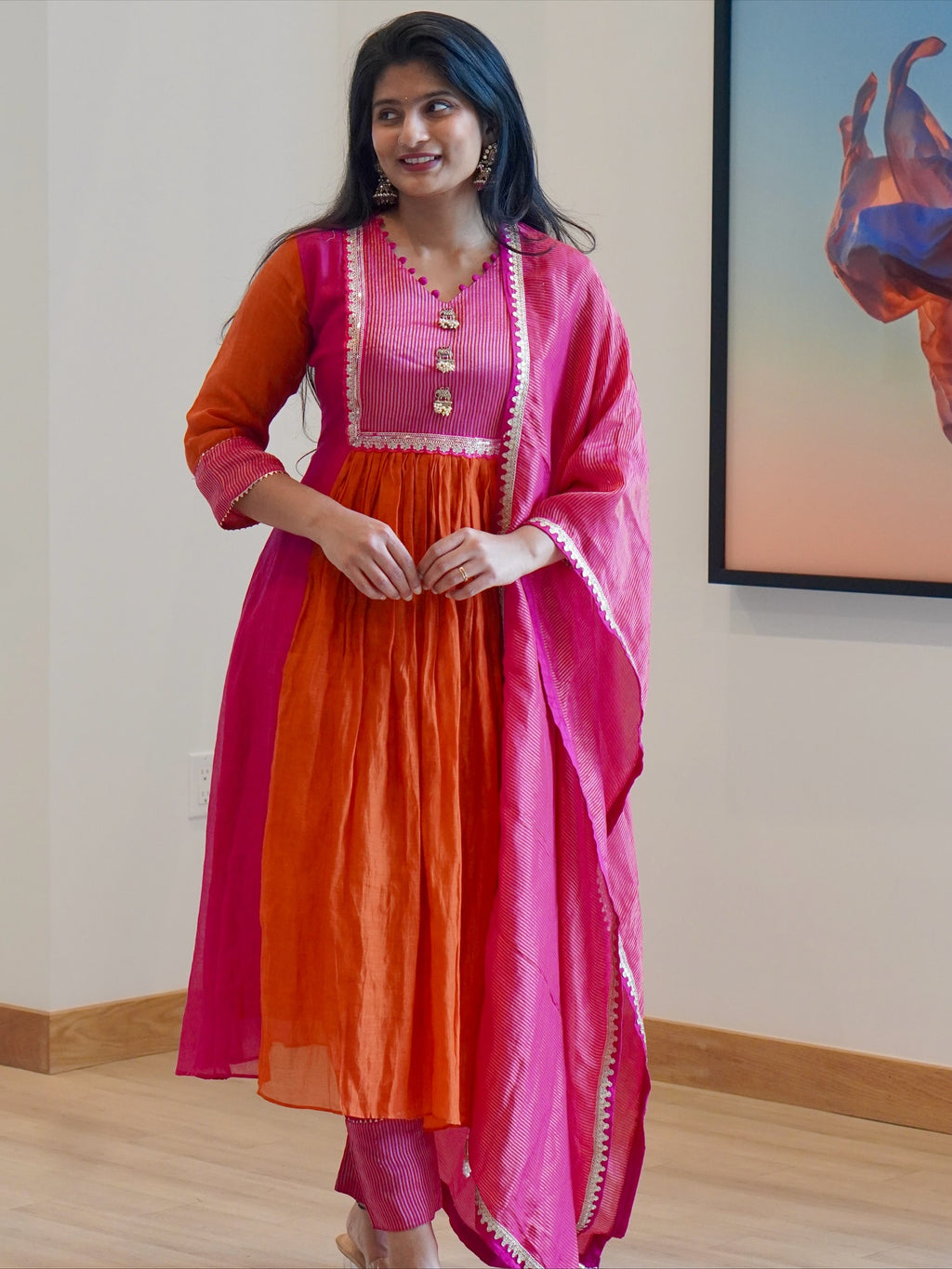Rust Orange and Pink Embroidered Kurta Set