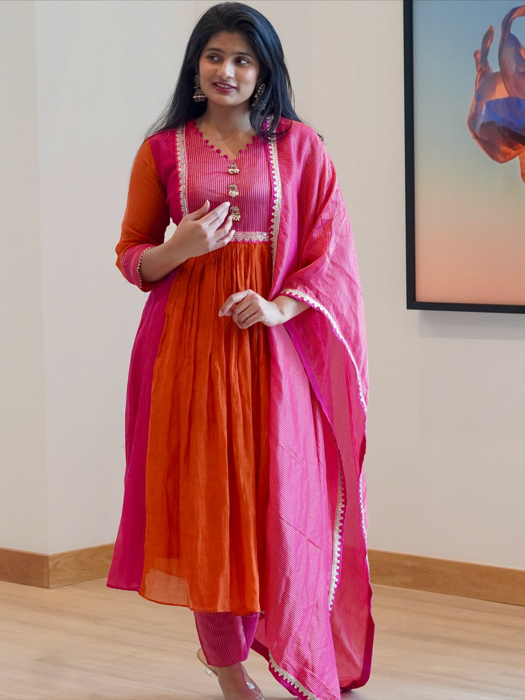 Rust Orange and Pink Embroidered Kurta Set