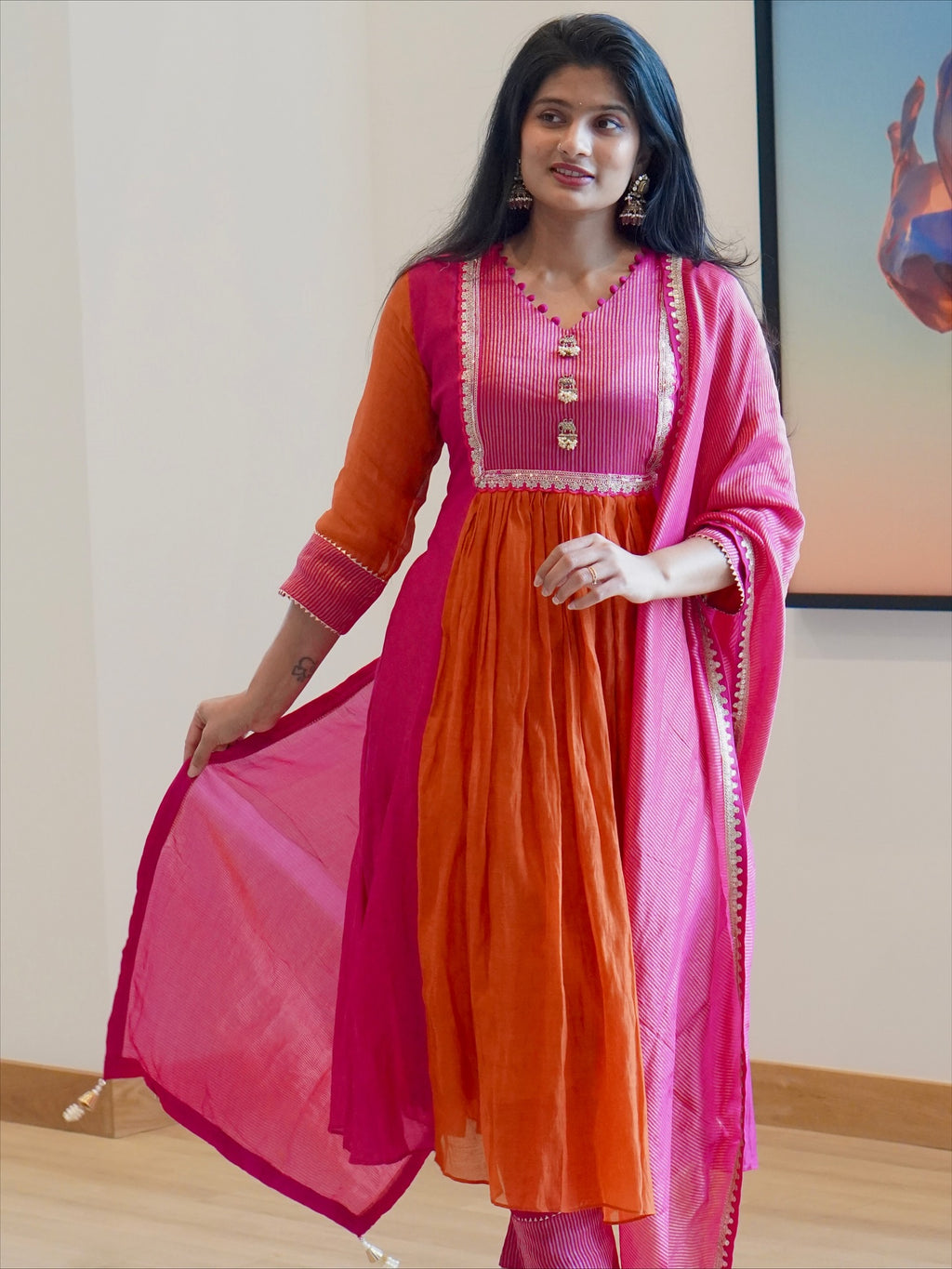 Rust Orange and Pink Embroidered Kurta Set