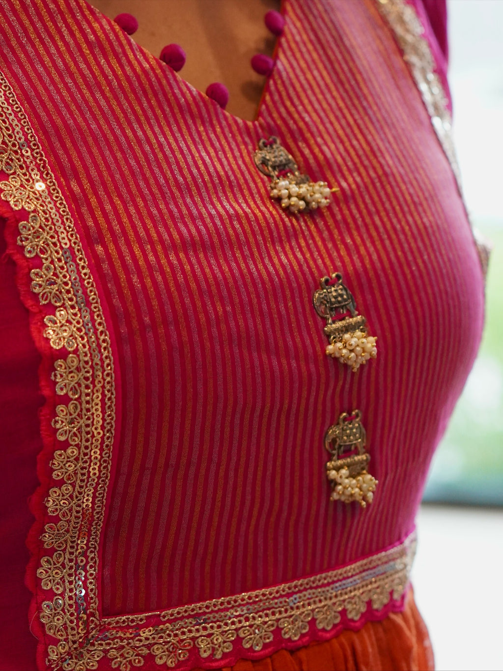 Rust Orange and Pink Embroidered Kurta Set