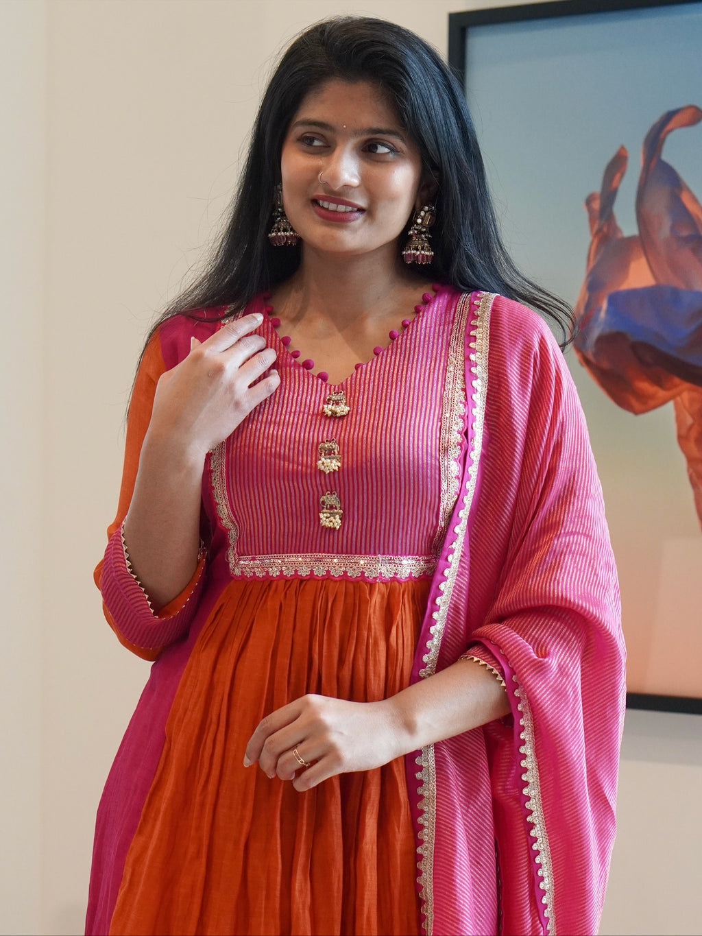 Rust Orange and Pink Embroidered Kurta Set