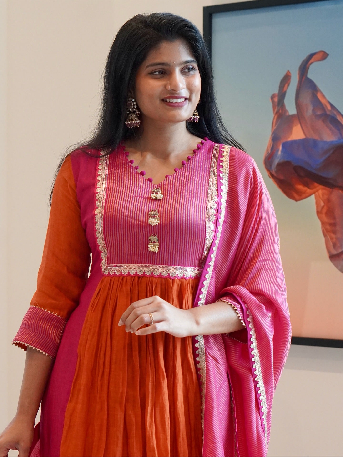 Rust Orange and Pink Embroidered Kurta Set