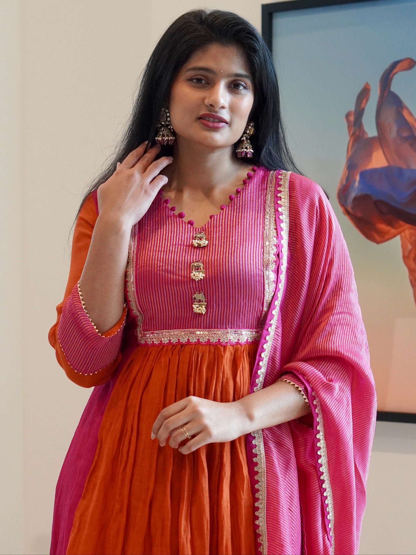 Rust Orange and Pink Embroidered Kurta Set