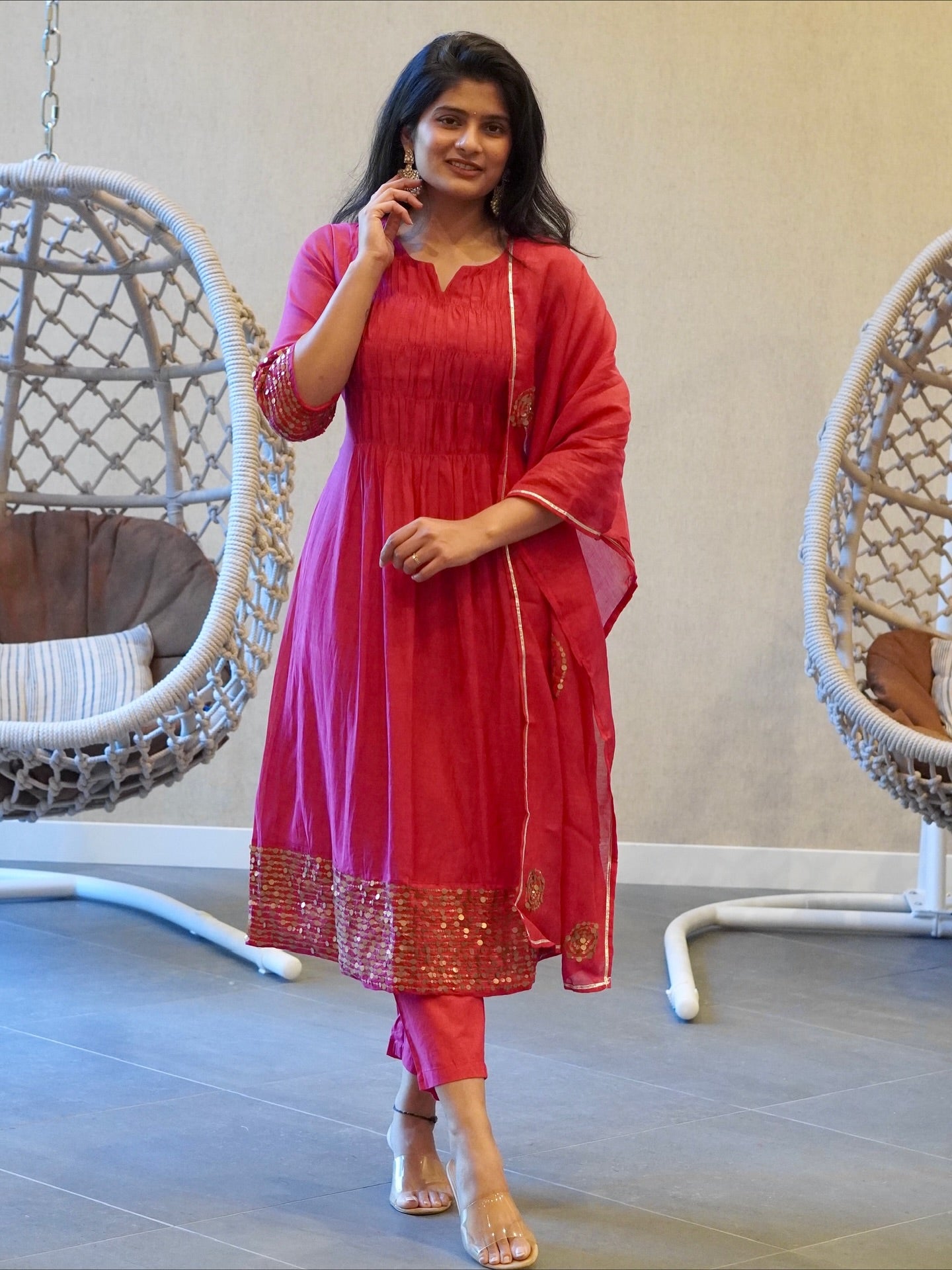 Rani Pink/Olive Green Kurta Set