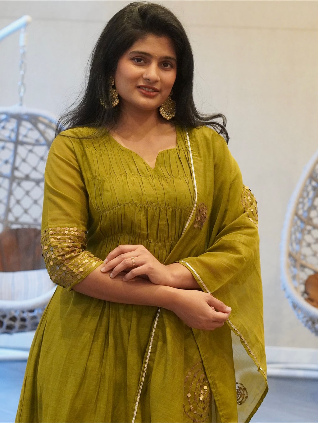 Rani Pink/Olive Green Kurta Set