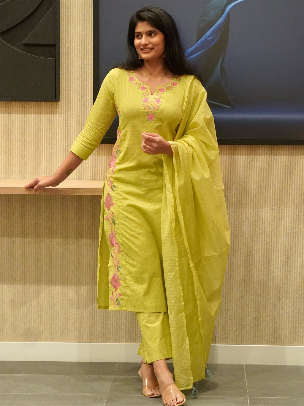 Lime green Embroidered Kurta Set