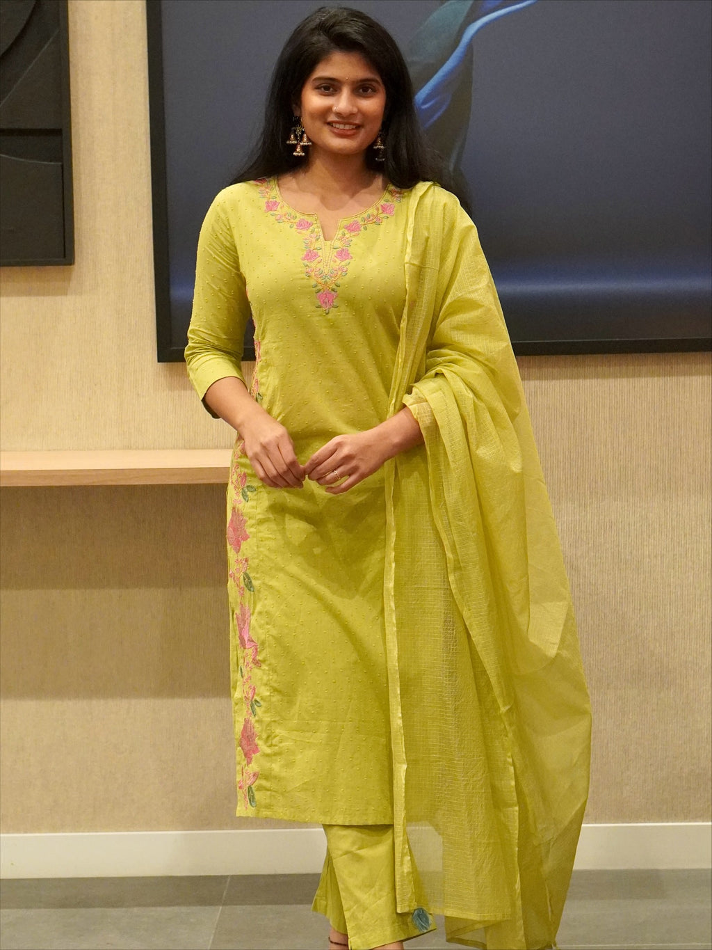 Lime green Embroidered Kurta Set