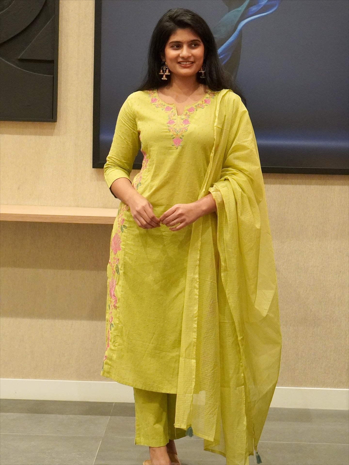 Lime green Embroidered Kurta Set