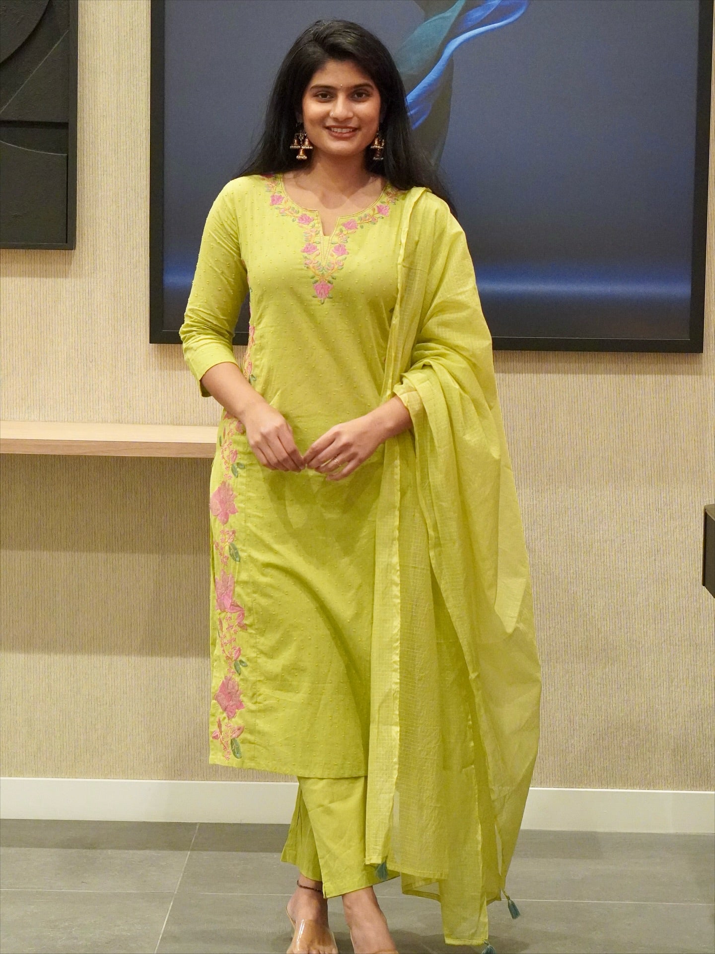 Lime green Embroidered Kurta Set