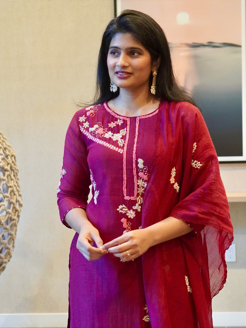 Wine Color Embroidered Kurta Set