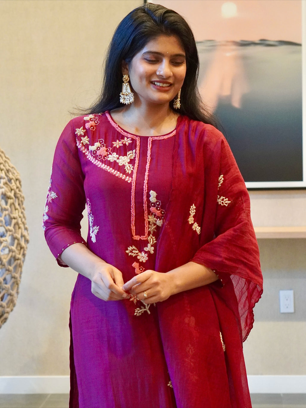 Wine Color Embroidered Kurta Set